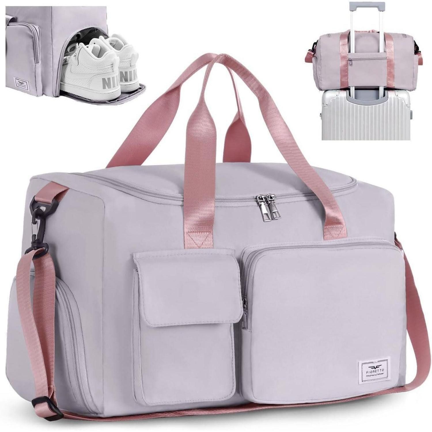 LuxusKollektion Reisetasche Sporttasche 35L Damen Herren Schuhfach Nassfach 35l-hellgrau&rosa