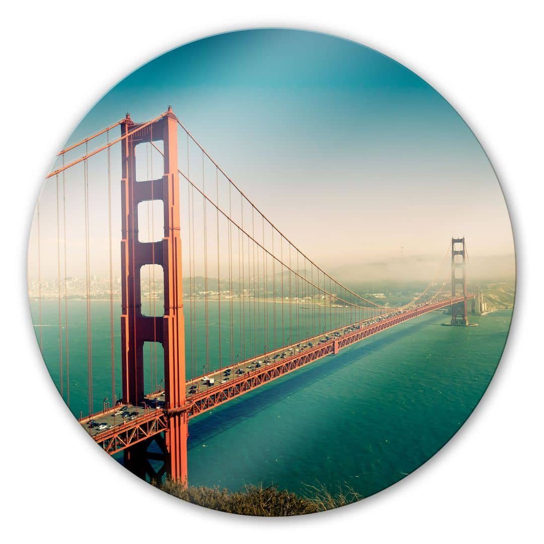 K&L Wall Art Gemälde Glas Wandbild Rund Glasbild San Francisco Retro Golden Gate Bridge, Wandschutz Deko Bilder