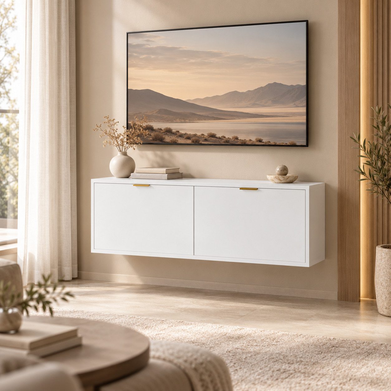Yorbay Lowboard TV Schrank Wandhängend mit 2 Schaniertüren, Goldene Griffe, Komplett Großer Stauraum, Weiß, 100×36×40 cm