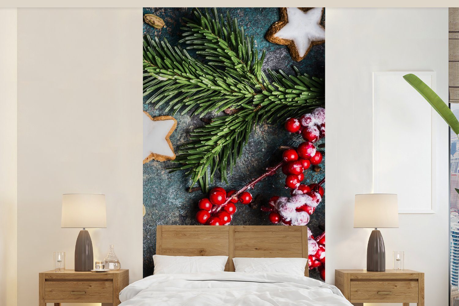 MuchoWow Fototapete Weihnachten - Rustikal - Zweige - Sternanis - Beeren - Rot, Matt, bedruckt, (2 St), Vliestapete für Wohnzimmer Schlafzimmer Küche, Fototapete