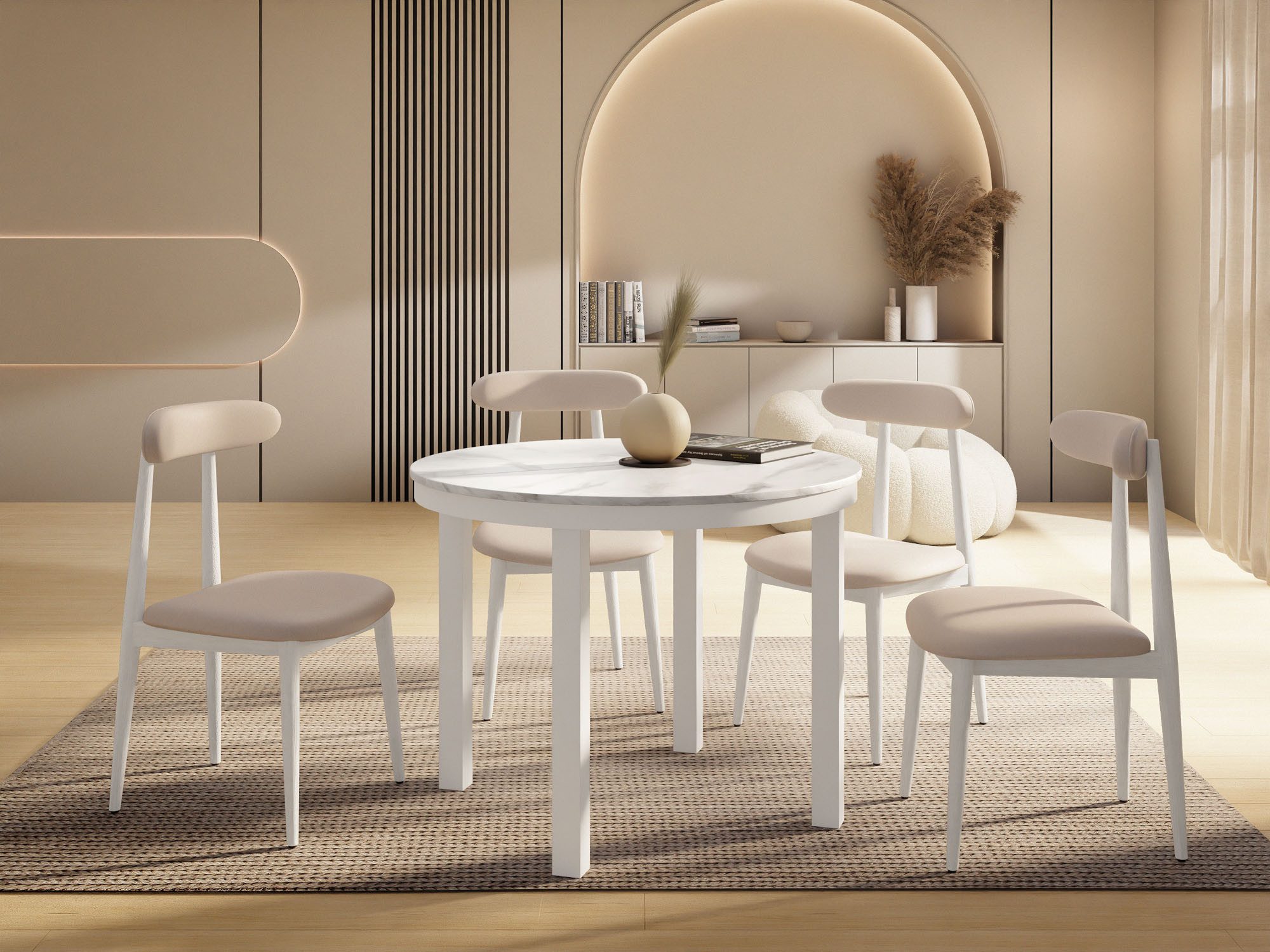 WFL GROUP Esstisch Rowan ausziehbar rund loft-stil mit weißen Metallbeinen (MADE IN EU, erhältlich in einer Größe – 100x100x76 cm, ausziehbar auf 180 cm), platzsparender Tisch für kleine Küche, Esszimmer oder Wohnzimmer