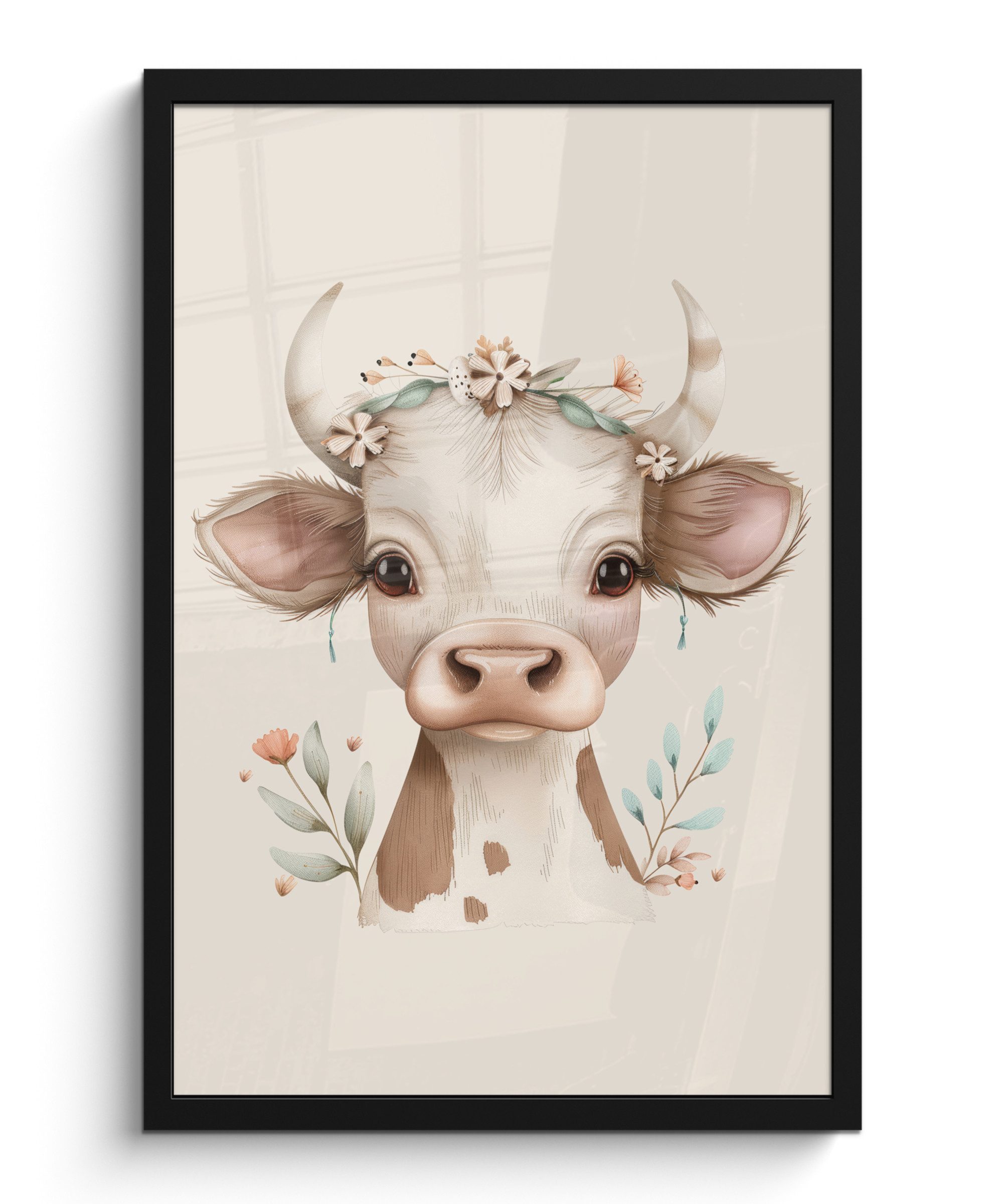 MuchoWow Poster Kuh - böhmisch - Kalb - Blumen, (1 St), Bilderrahmen Schwarz, Wanddeko für Wohnzimmer, 40x60 cm