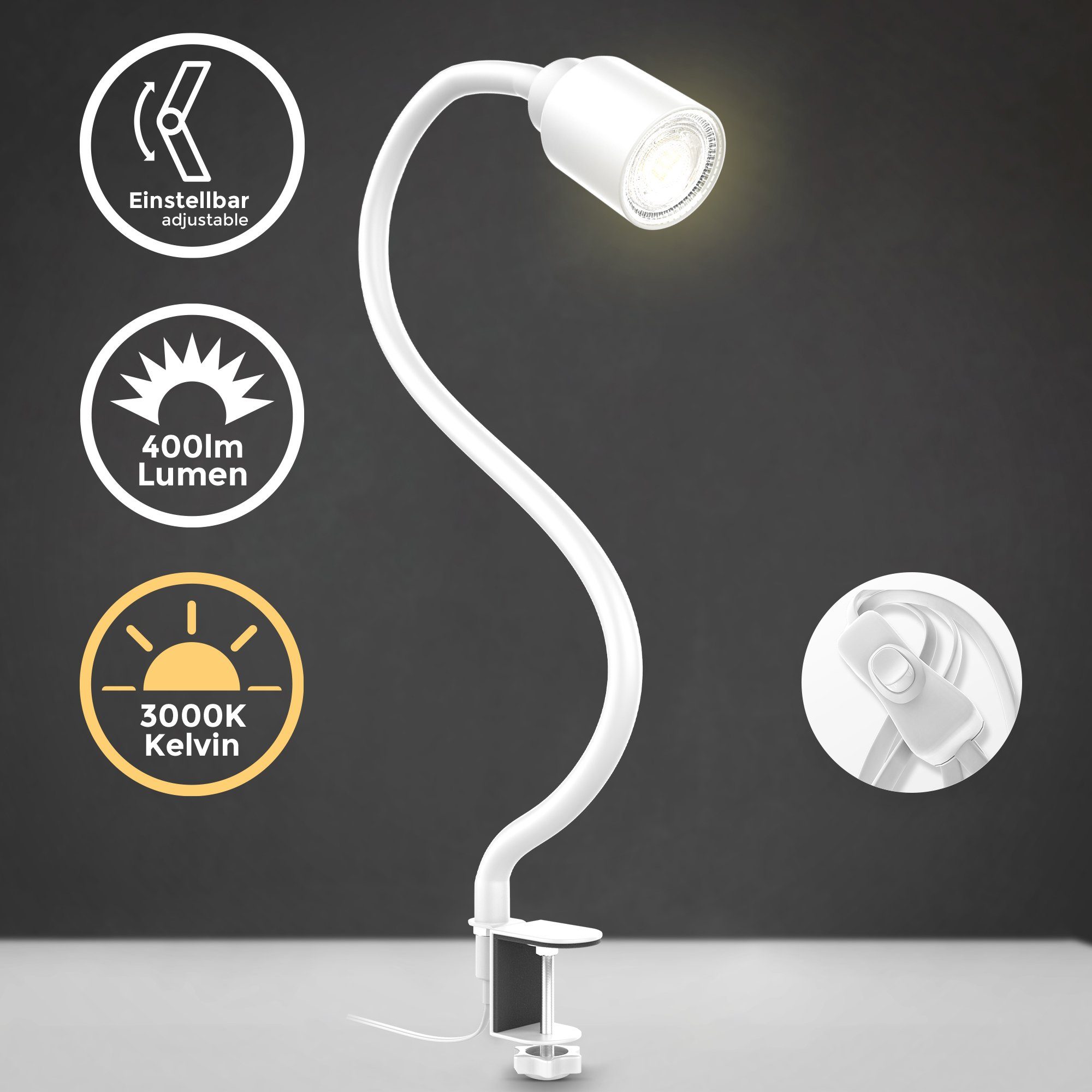B.K.Licht Tischleuchte, LED wechselbar, Klemmleuchte, warmweiß, günstig online kaufen