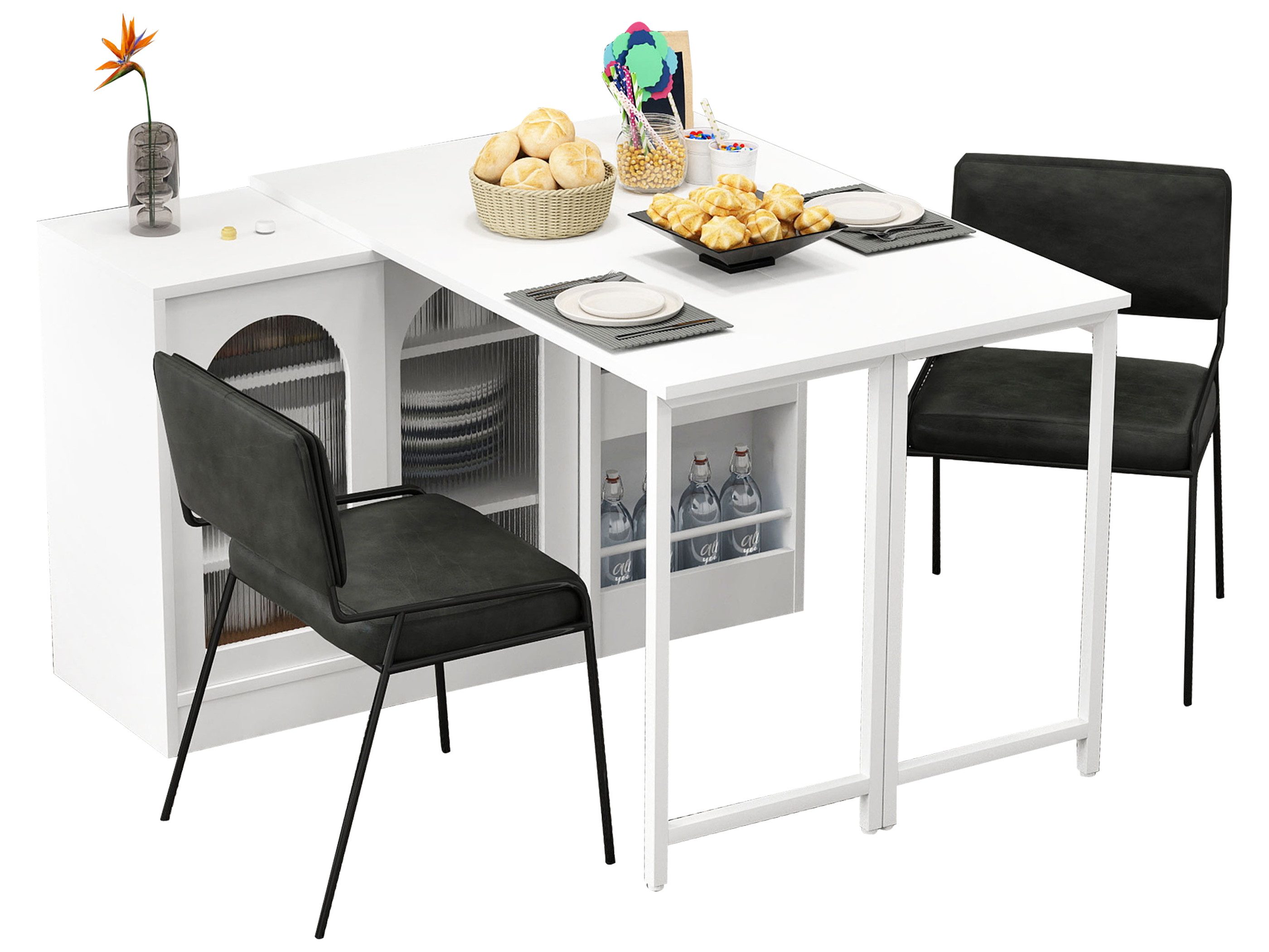 SeedWave Bartisch Ausziehbarer Klapptisch, 360° Drehfunktion, Anrichte mit Weinregalen, Vorratsschrank inkl. 2 verstellbarem Einlegeboden, 4 Staufächern