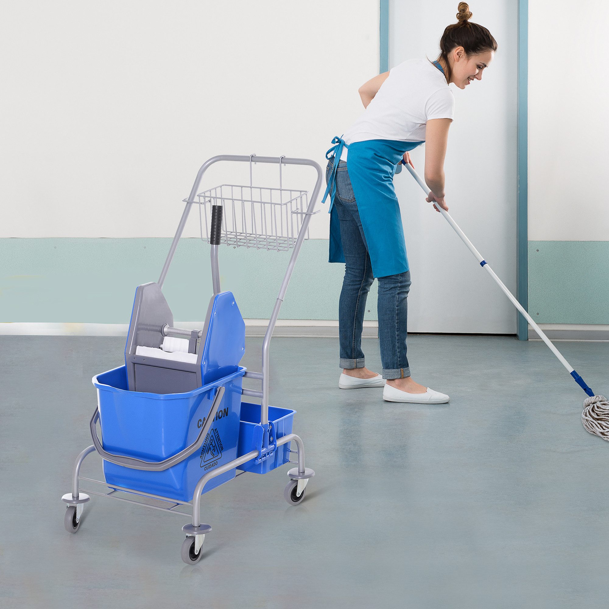 HOMCOM Putzwagen Fahreimer, Putzeimer, Wischwagen mit Haken für Mopp blau, (Set, 1-St., Reinigungswagen mit Eimer und Korb), 25L Eimer, Auswringvorrichtung, 4 Rollen