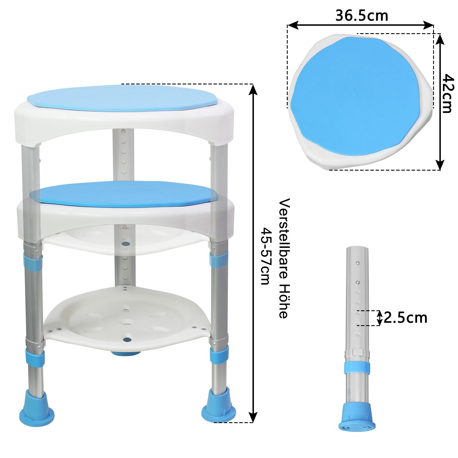 FIVMEN Duschstuhl Duschstuhl 45-57cm Höhenverstellbar und 360° Drehbar, Badsitz Blau Duschhilfe Anti-Rutsch Badsitz aus Alu und Kunststoff