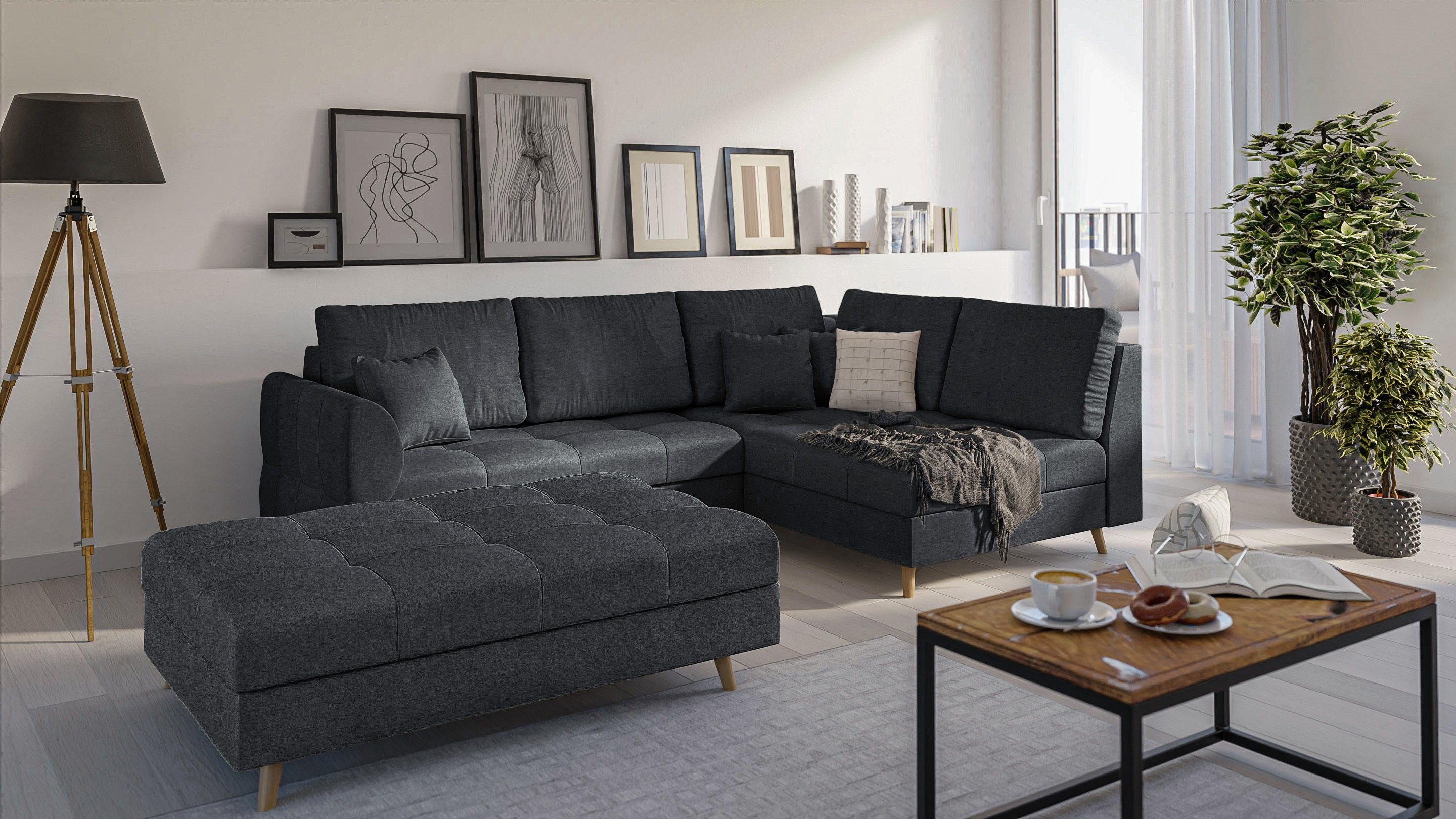 S-Style Möbel Polsterhocker Cuba mit Holzfüßen im skandinavischen Stil, mit Wellenfederung