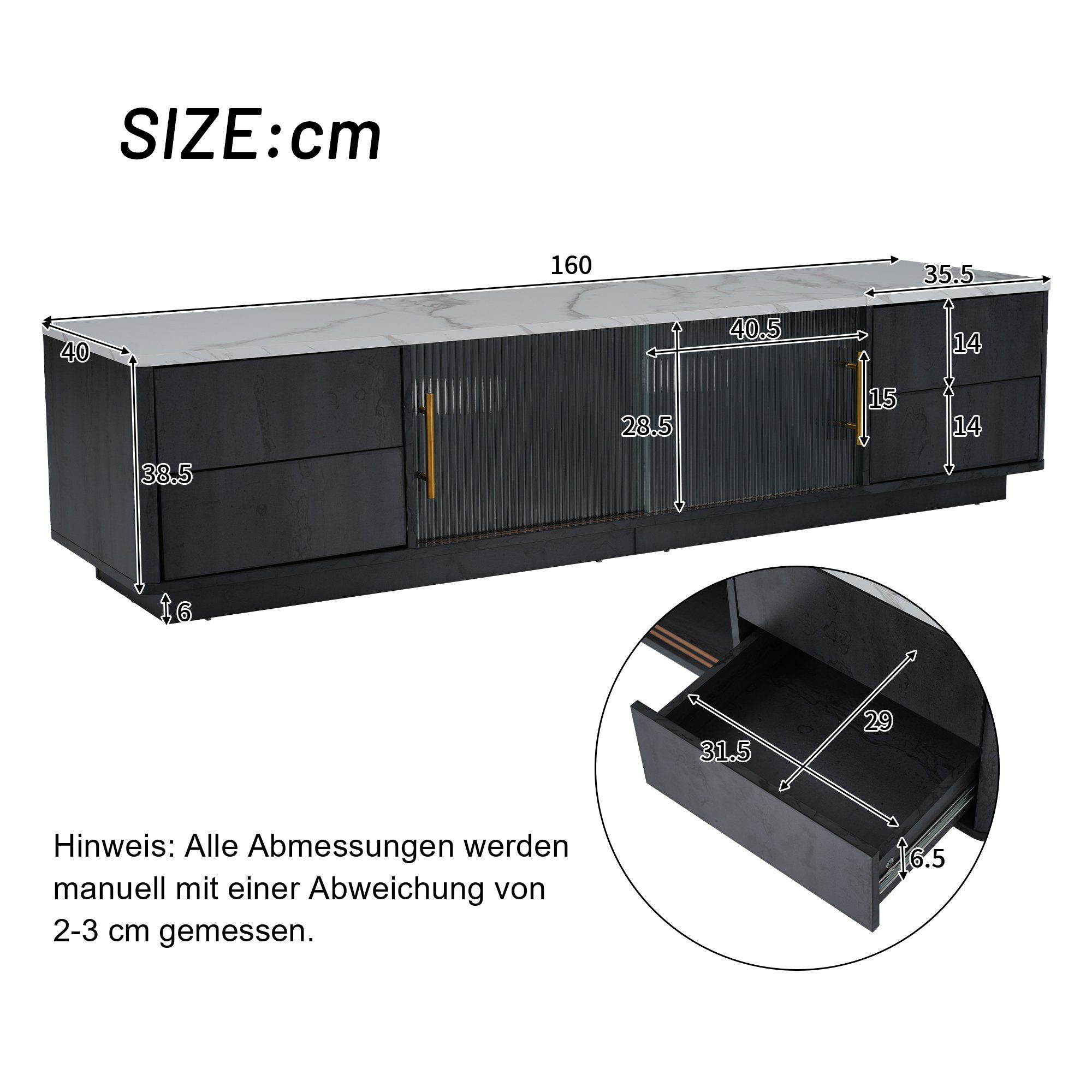 BlingBin TV-Schrank TV Kabelmanagement, 4 Push-to-Open-Funktion, (1-St., marmorierte Tischplatte, Schubladen) Lowboard Stand Kabelführungslöcher