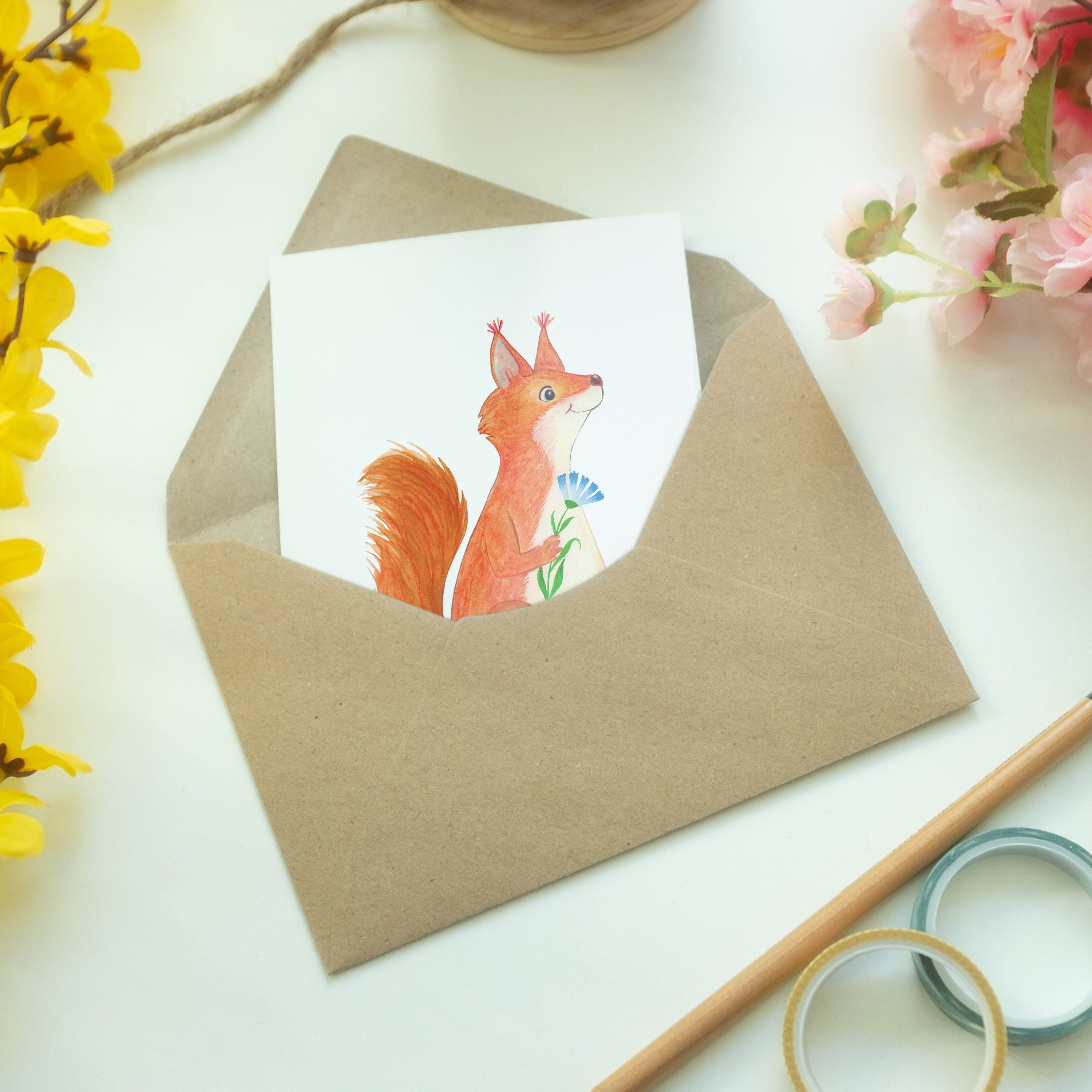 Mr. & Mrs. l Panda Deko, Weiß Eichhörnchen - Blume Grußkarte Einladungskarte, Spruch - Geschenk