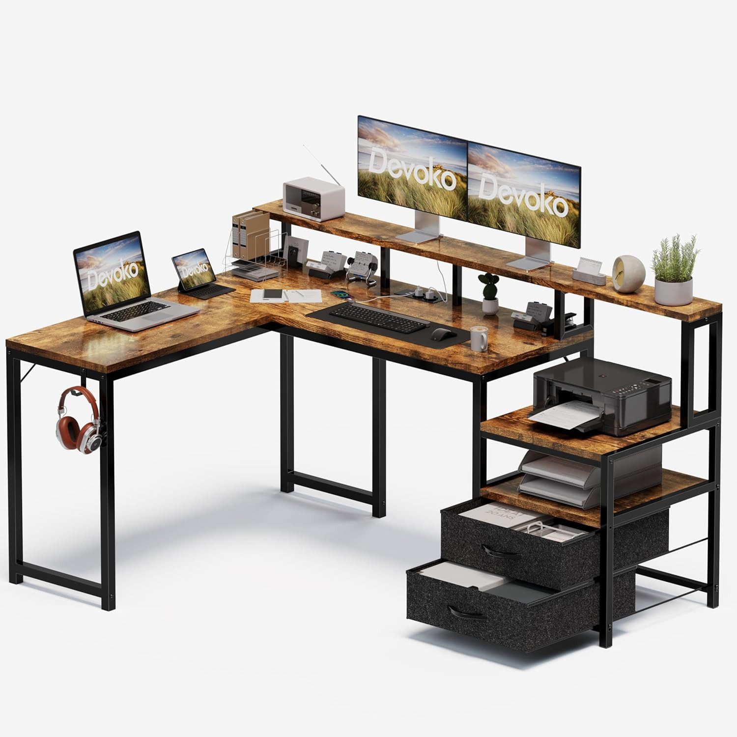 HOMALL Gamingtisch Schreibtisch mit USB L-förmiger Ecktisch 155cm (Mit großem Ablagefach, USB-Ladeanschluss und Steckdose)