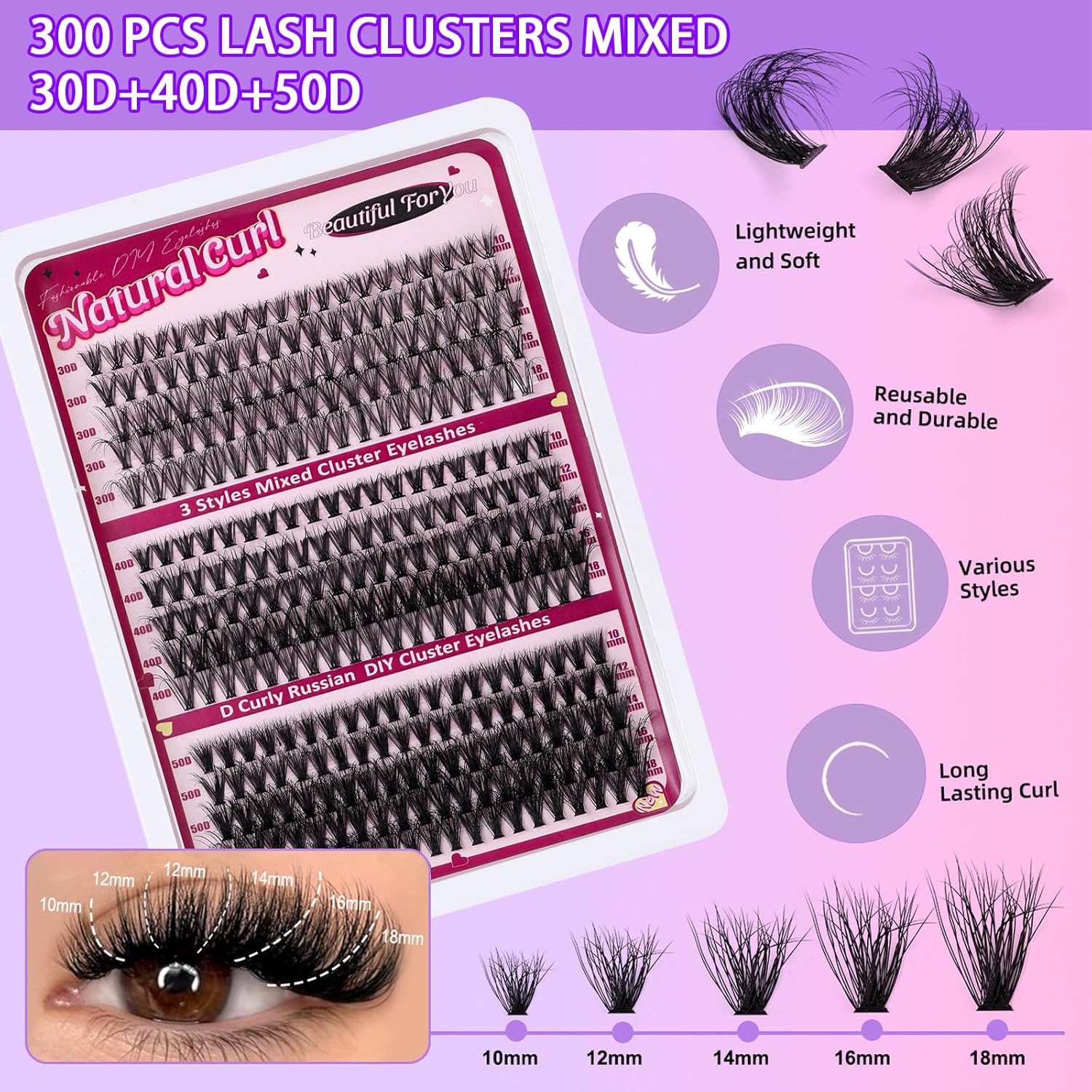 MOPUEA Einzelwimpern Wimpernverlängerungsset Cluster Wimpern Einzelset 270/300-teiliges, Cluster-Wimpern-Set, 300 tlg., Ideal für Anfänger und Make-up Liebhaber