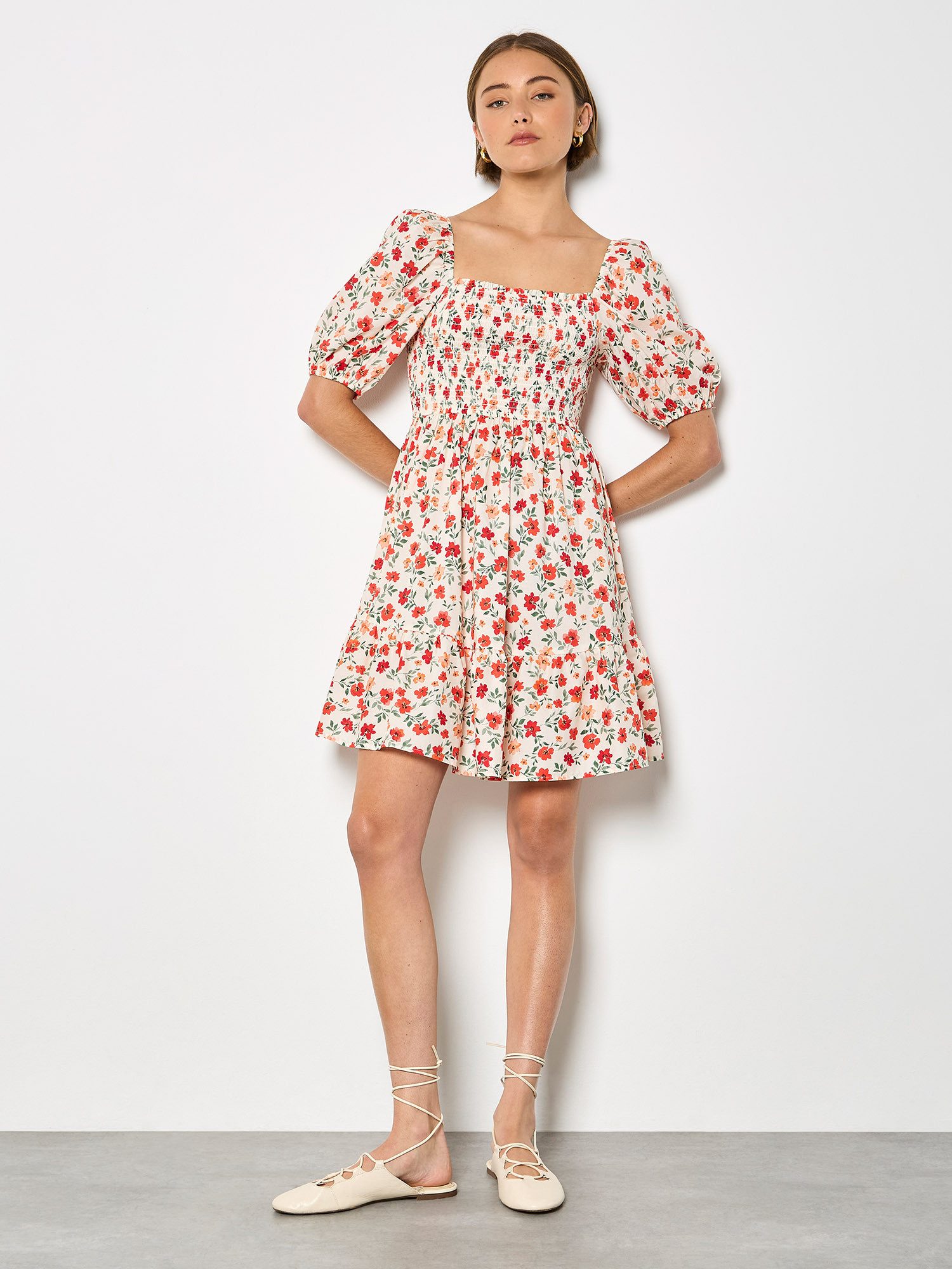 Apricot Druckkleid Mini-Kleid aus Baumwollpopeline mit Blumenmuster Elastis günstig online kaufen