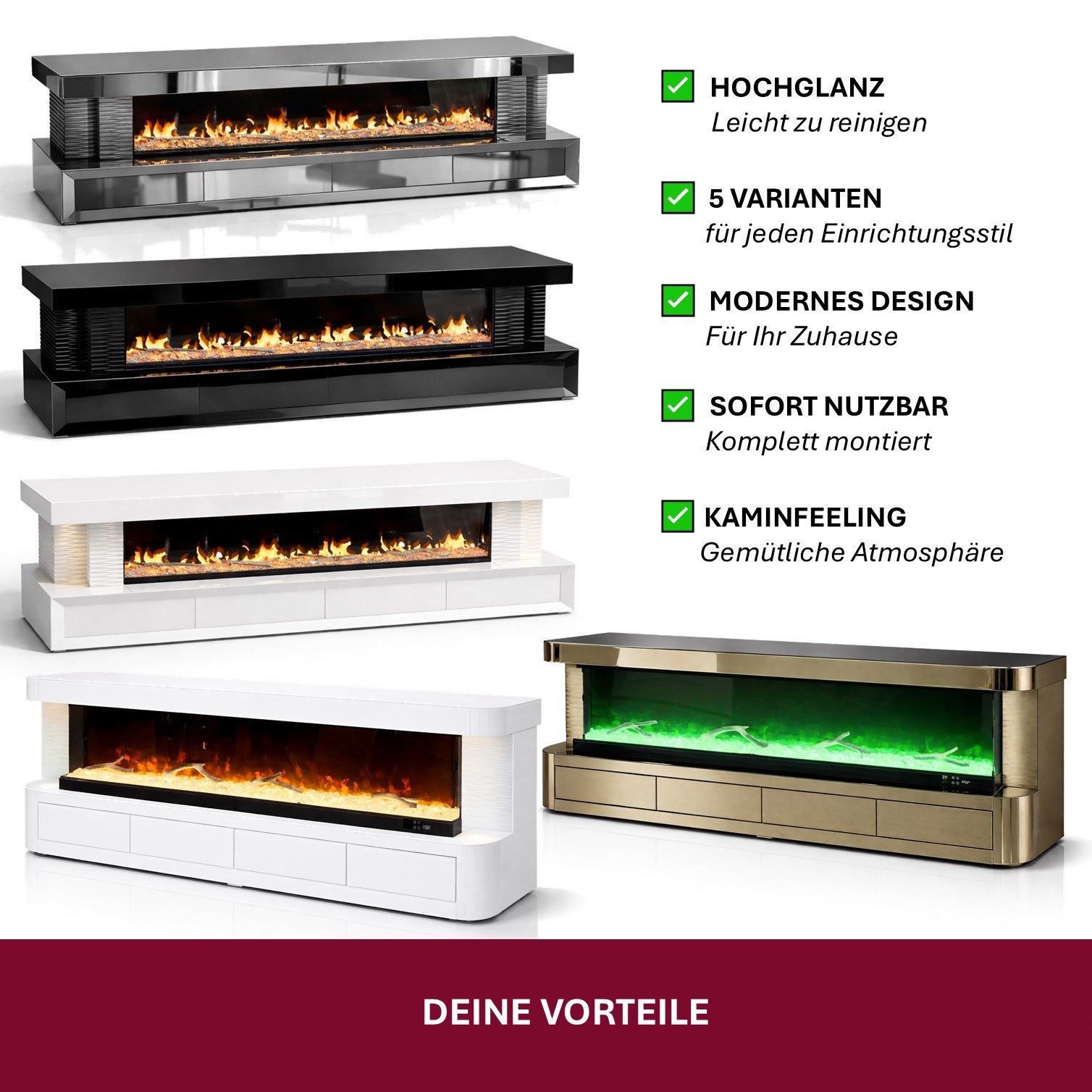 HOOZ TV-Schrank TV Lowboard mit Kamin – modernes Design Schwarz eckig 200 cm (Einzelprodukt, 1-St., TV Möbel Einzelmöbel) 3D-Flammenoptik, Push-Open Schubladen, – Bild 5 von 5