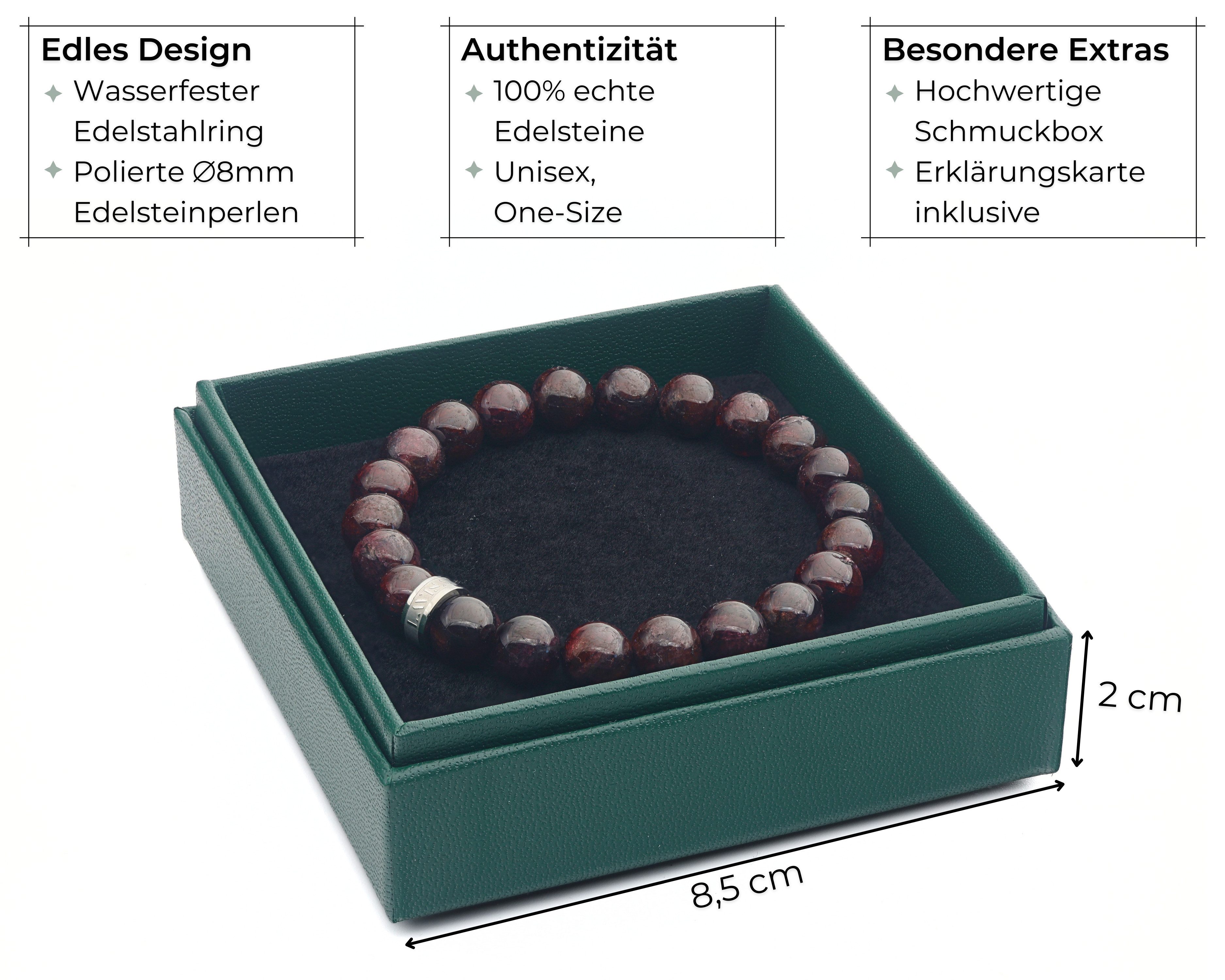 LAVISA Armband Armband Echte 8mm Edelstein Perlen, Kristalle, Onesize, Echte Edelsteine, Rostfreies Edelstahl, Wasserfest