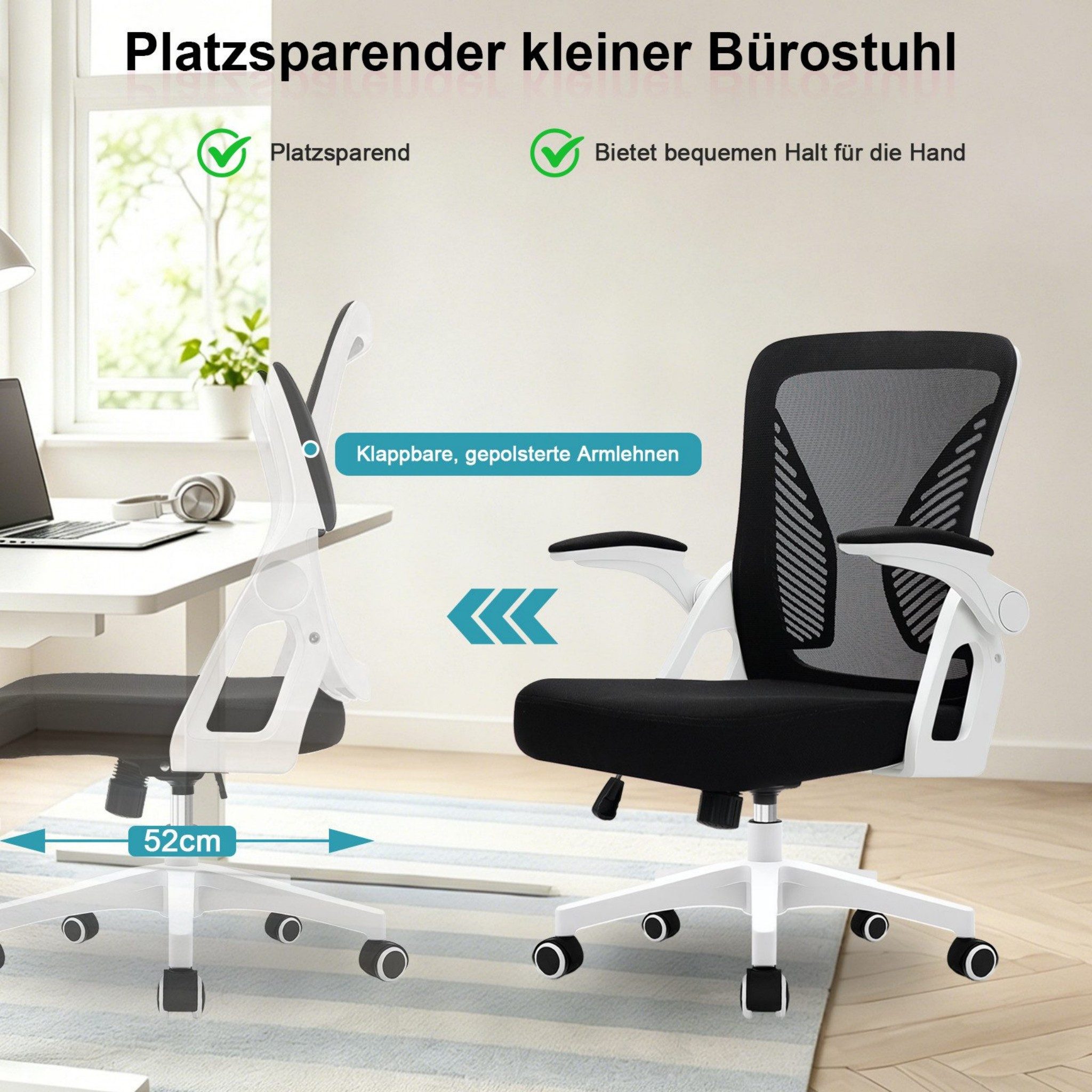 Milacyee Bürostuhl Ergonomischer Bürostuhl mit 90° klappbaren, gepolsterten Armlehnen (Höhenverstellbarer Atmungsaktiv Chefsessel mit geräuscharmen Rollen,Drehs – Bild 5 von 5