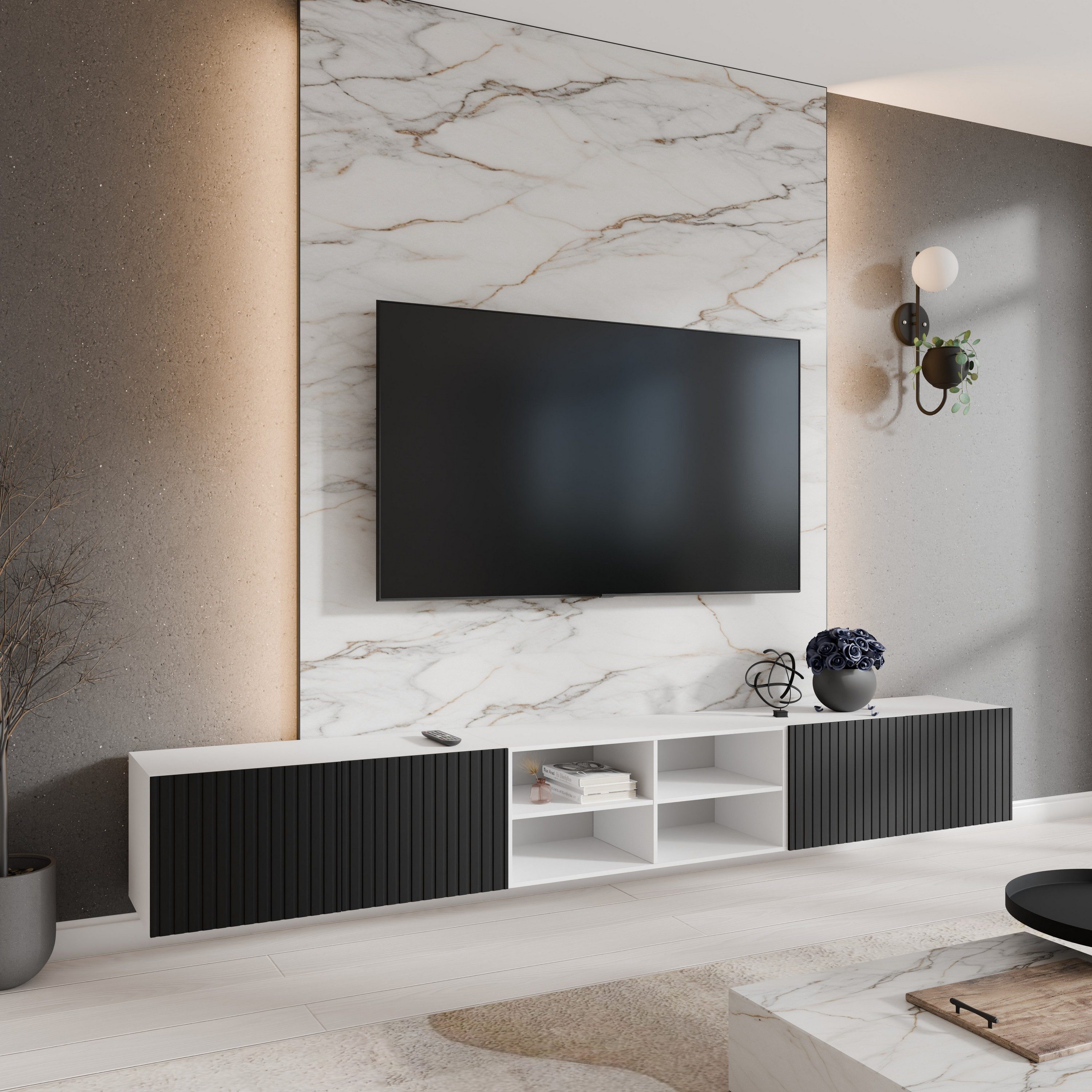 Masseno Lowboard LIVO 300 cm TV-Schrank mit 3 Türen Weiß