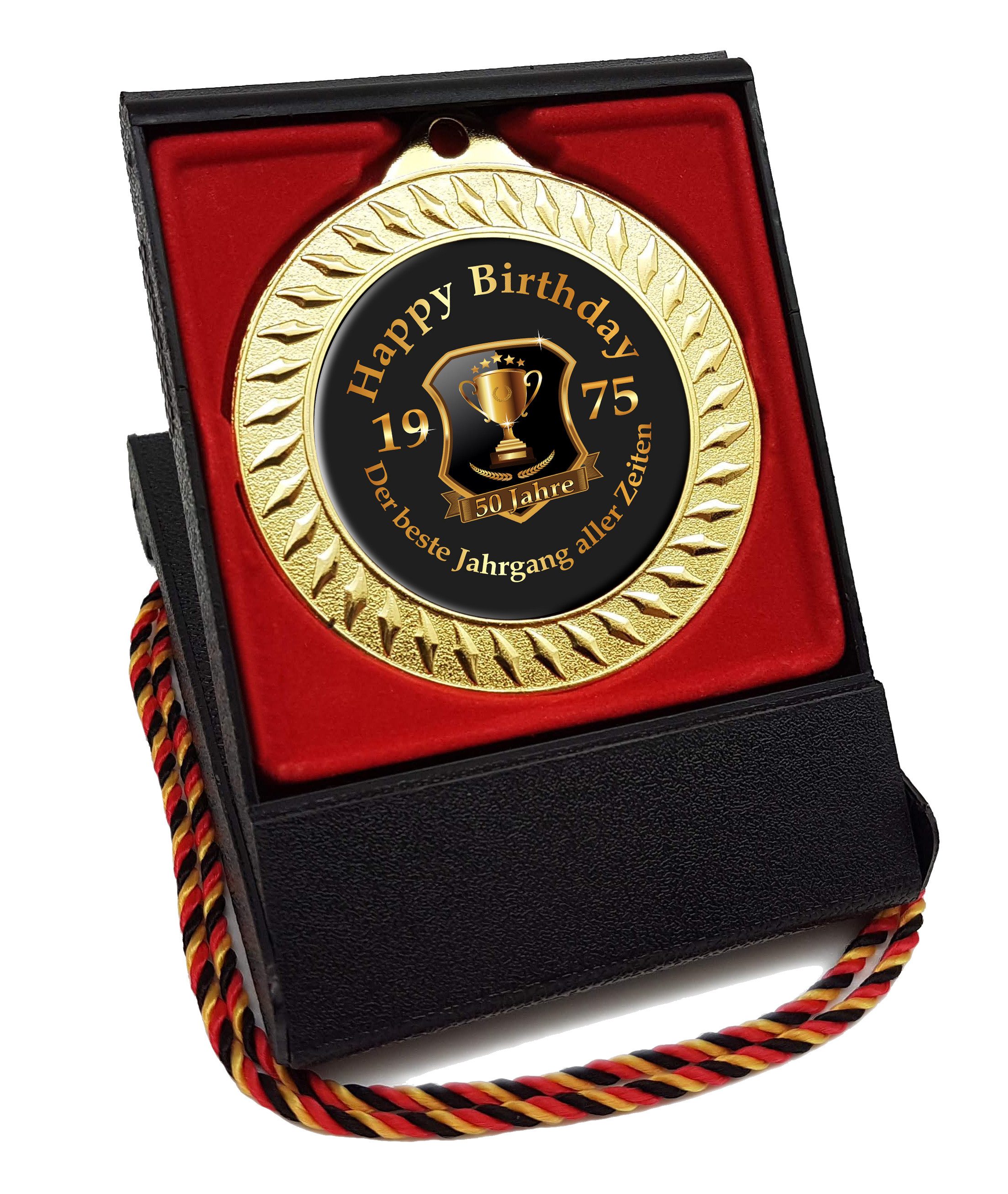 RAHMENLOS® Metallschild Medaille, Orden als Geschenk zum 50. Geburtstag - Jahrgang 1975, (Geschenkbox und Kordel), mit Geschenkbox und Kordel