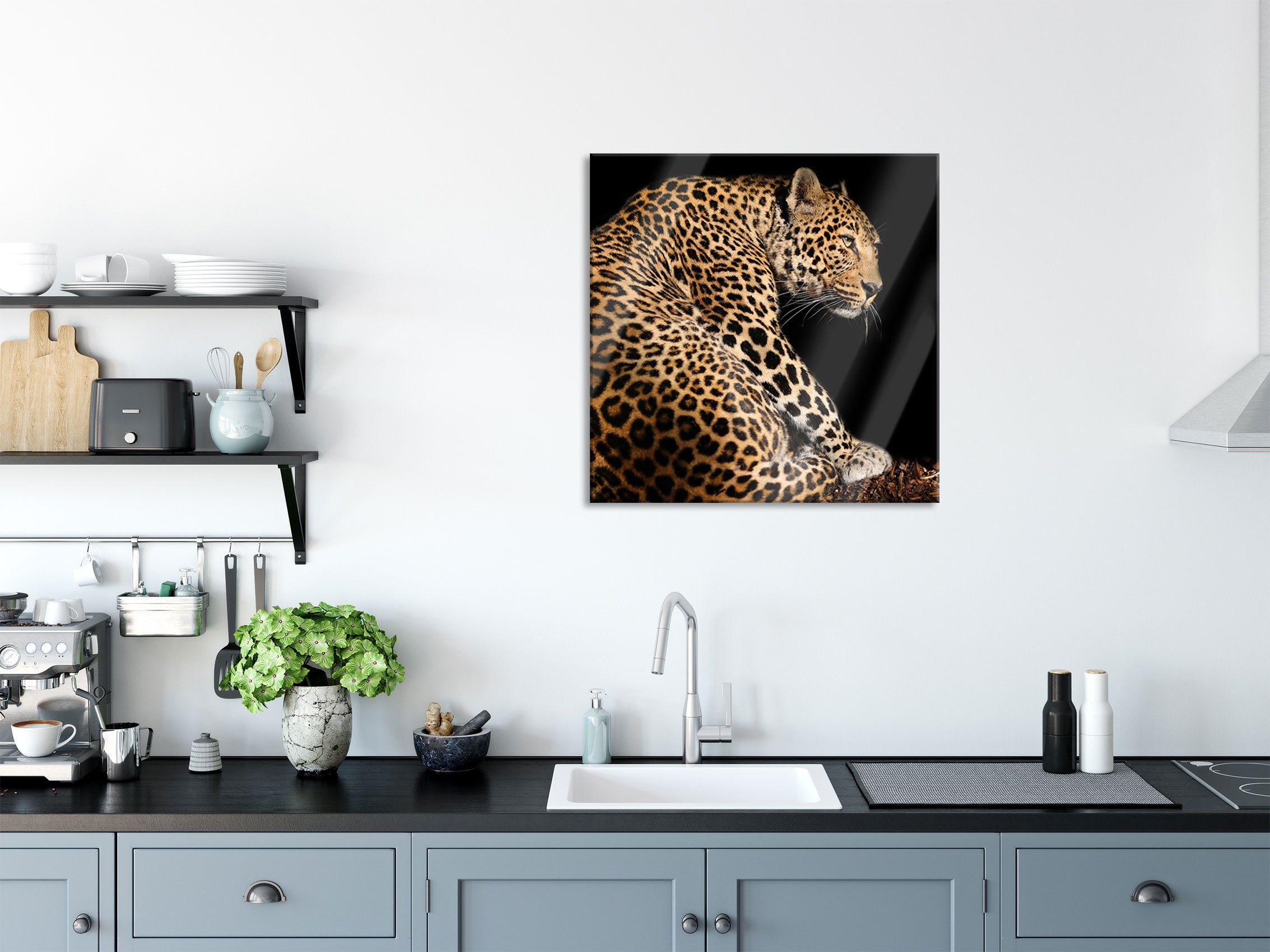 und Abstandshalter Pixxprint Leopard Glasbild inkl. Echtglas, (1 aus Anmutiger Anmutiger Aufhängungen St), Leopard, Glasbild