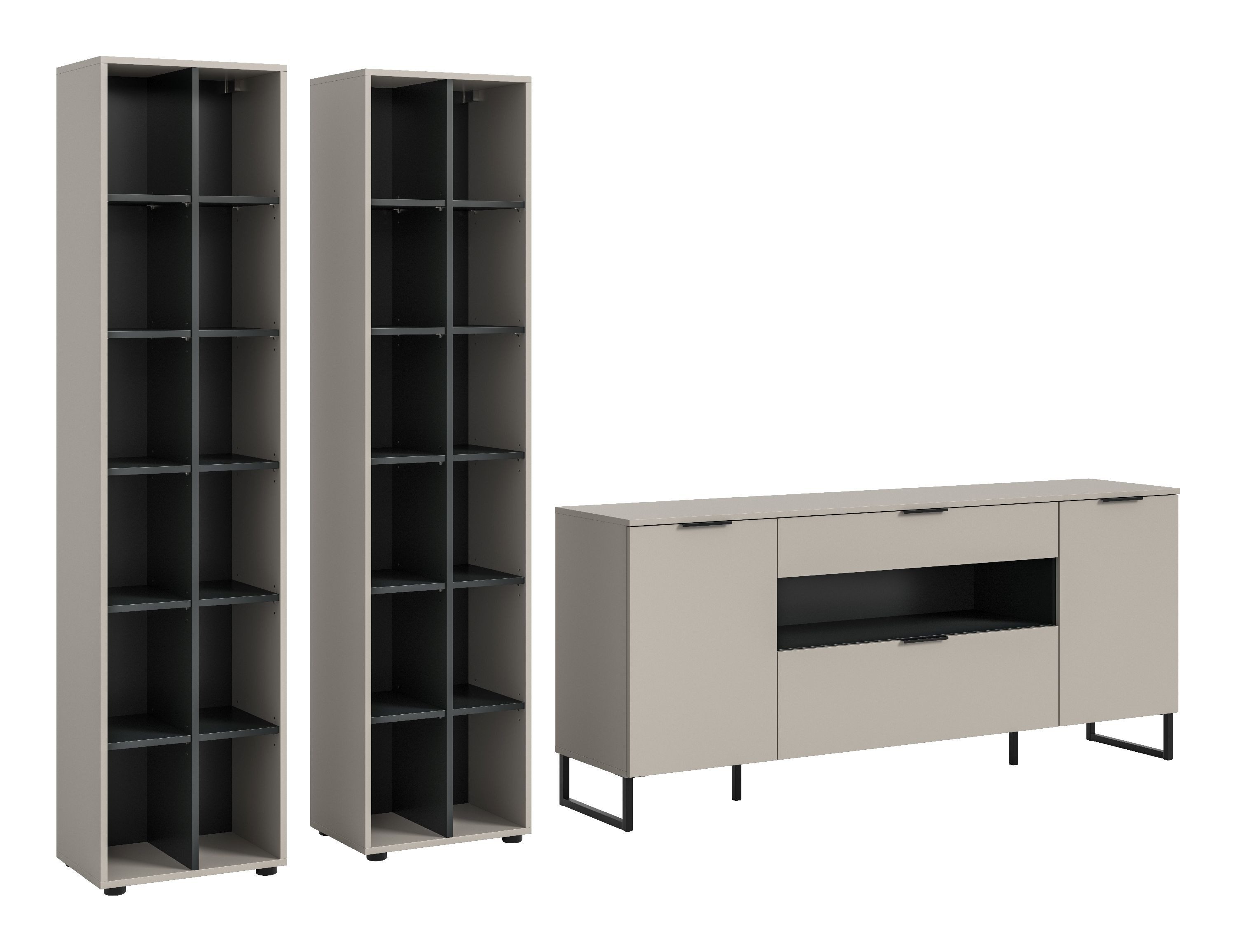 xonox.home Wohnwand, (4tlg. Set inkl. Sideboard, Stauraumregal), Kaschmir Nachbildung Melamin beschichtet 305x192x41 cm