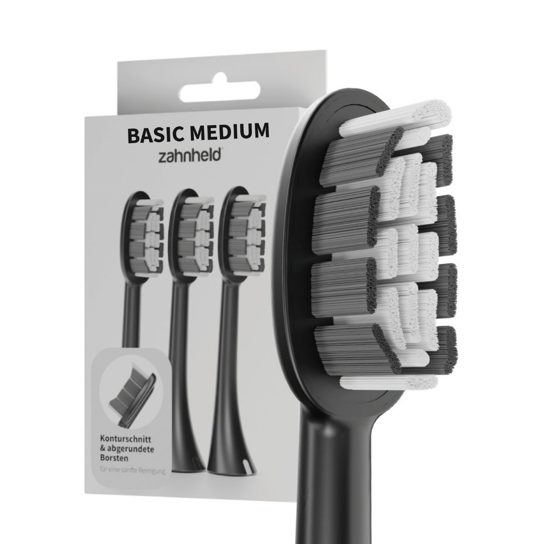 Zahnheld Aufsteckbürsten Ersatzbürsten Basic Medium - ideal für Schallzahnbürste Gero, im 3er, 6er oder 9er Set, Zahnpflege Set, mittelharte Wechselköpfe, plastikfrei verpackt, 3 Stück, schwarz