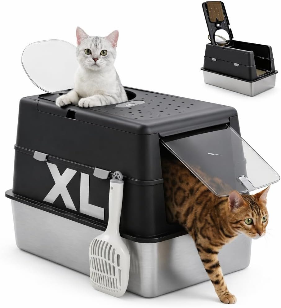 Purpurra Katzentoilette XL Edelstahl-Katzenklo mit Deckel, inklusive Schaufel, 60 × 40 × 40 cm, Edelstahl Schale.