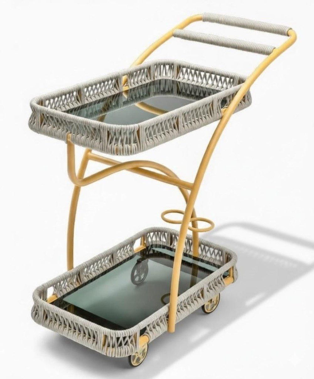 JVmoebel Servierwagen Servierwagen Gelb Grau Farbe Moderner Stil Glasboden Geflecht Räder
