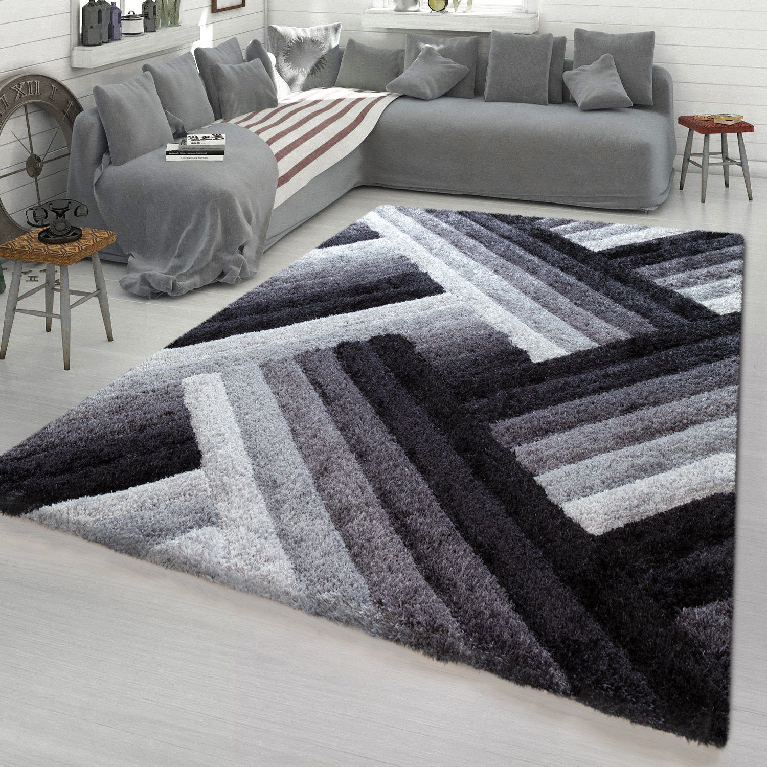 Hochflor-Teppich Hochwertiger Hochflor Teppich Wellen Muster, TT Home,  rechteckig, Höhe: 34 mm