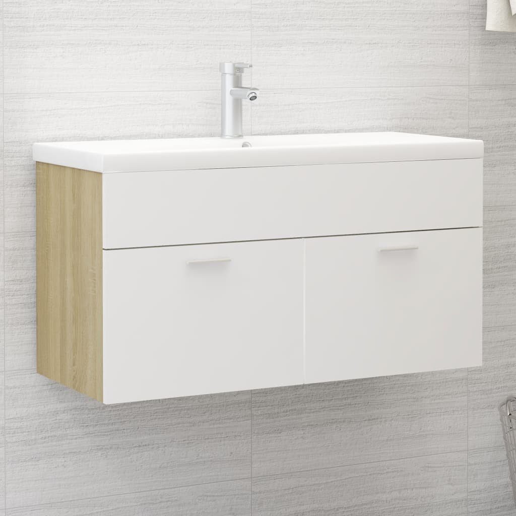 vidaXL Badezimmerspiegelschrank Waschbeckenunterschrank mit Einbaubecken Weiß und Sonoma-Eiche (1-St)
