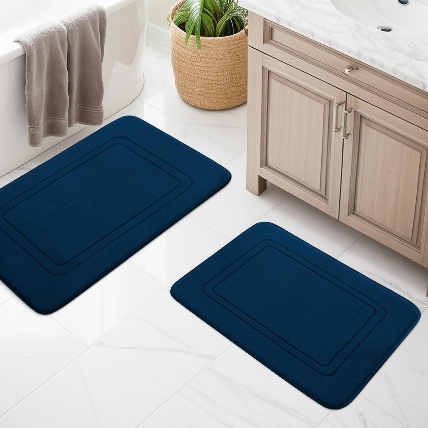LuxusKollektion Schaum-Badematte Badezimmerteppich Set 2-tlg. Navy Blau, Höhe 15 mm, rutschhemmend beschichtet, Memory Schaum, Textil, rechteckig