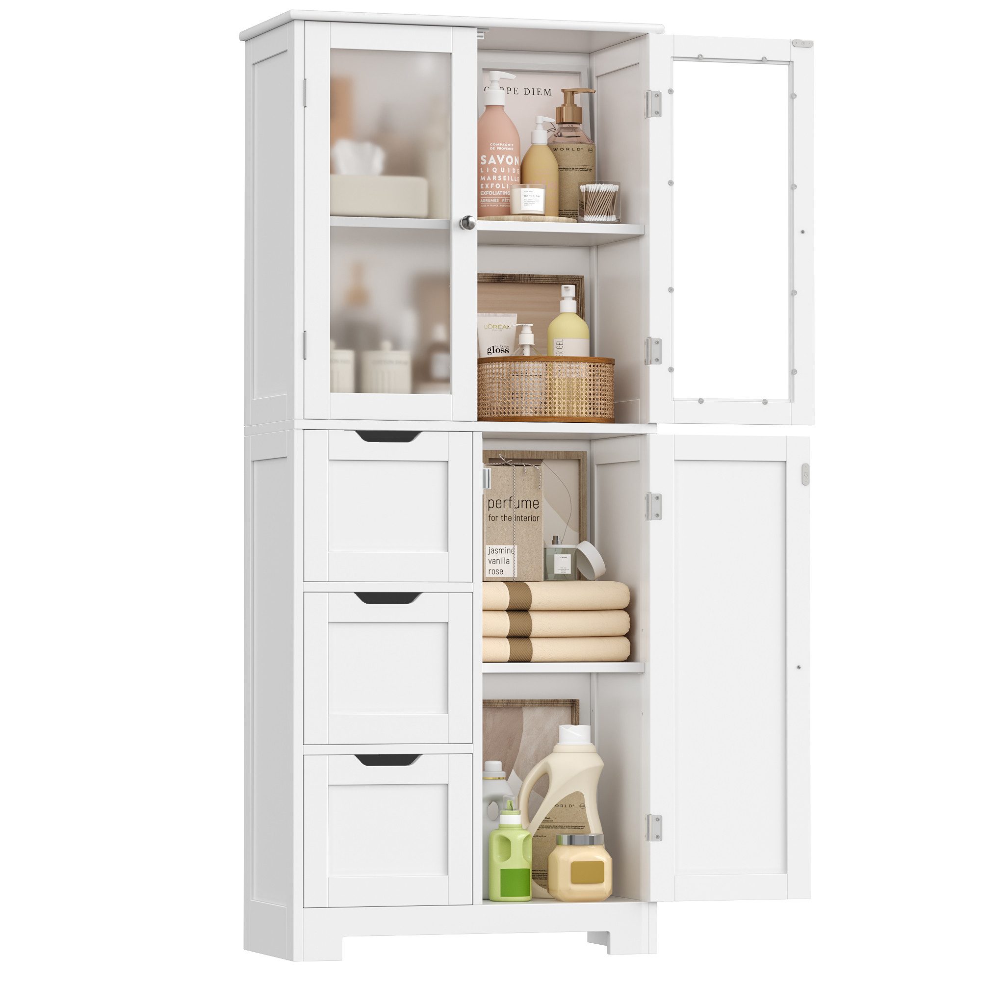 HOMECHO Hochschrank Badezimmerschrank mit 3 Türen und 3 Schubladen