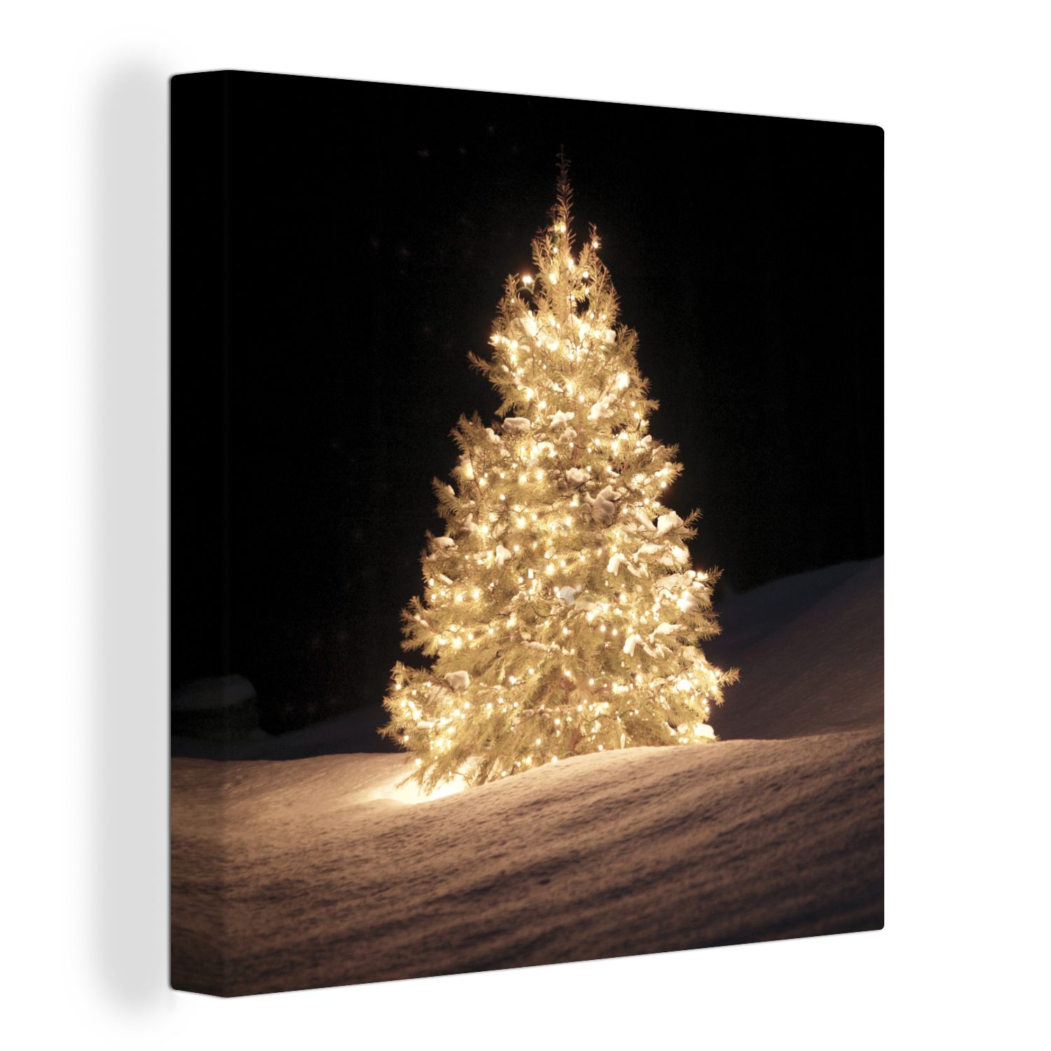 OneMillionCanvasses® Leinwandbild Ein beleuchteter Weihnachtsbaum bei Nacht, (1 St), Leinwand Bilder für Wohnzimmer Schlafzimmer