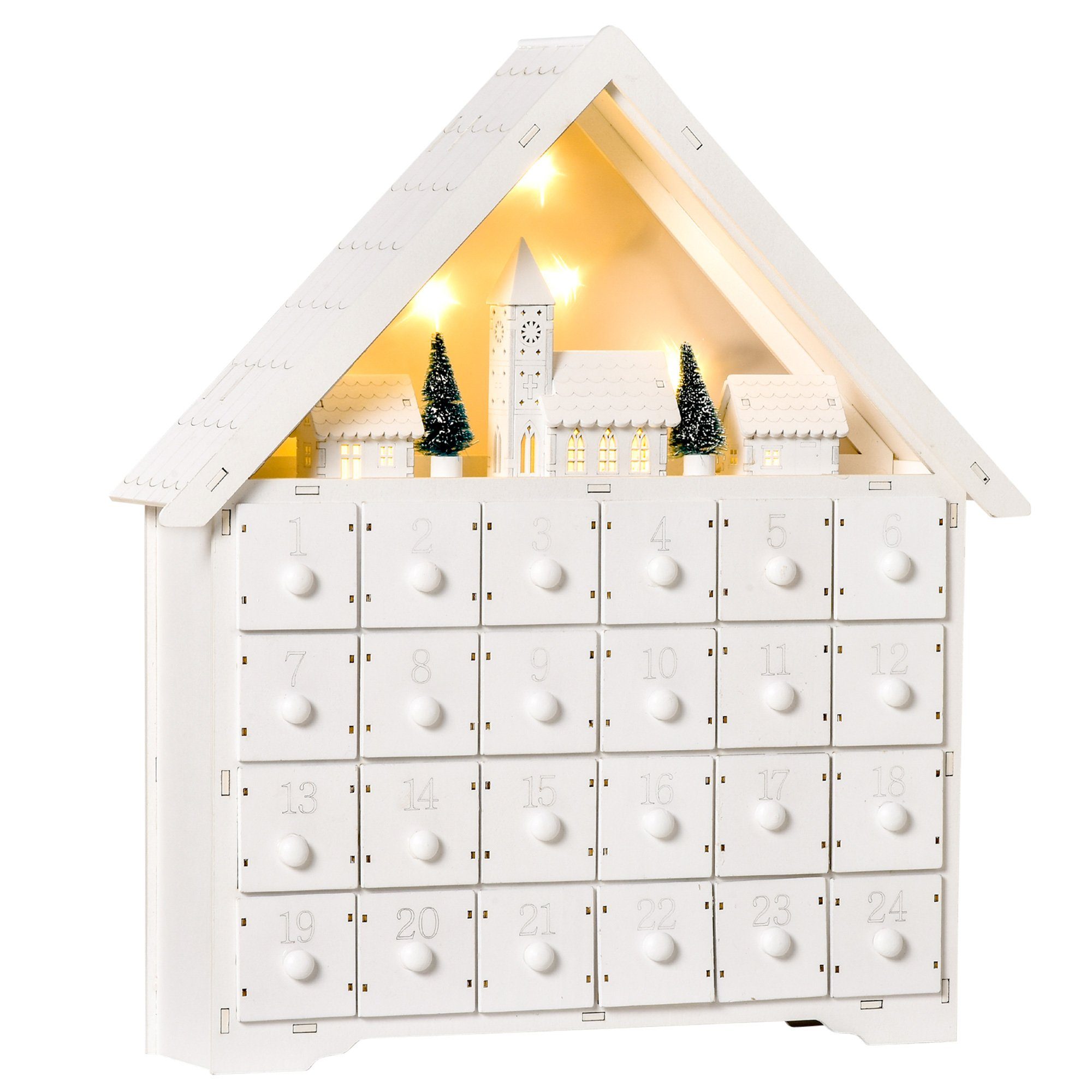 HOMCOM Weihnachtsdorf Weihnachts-Adventskalender, Weihnachtskalender mit LED-Lichtern, Weiß, 39 x 9 x 42 cm