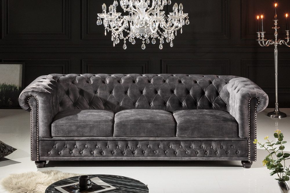 riess-ambiente 3-Sitzer CHESTERFIELD 205cm grau - Samt, Federkern, Knopfheftung, Rundumbezug, Einzelartikel 1 Teile, Glamouröse Couch - ideal für Wohn- und Essz – Bild 3 von 5