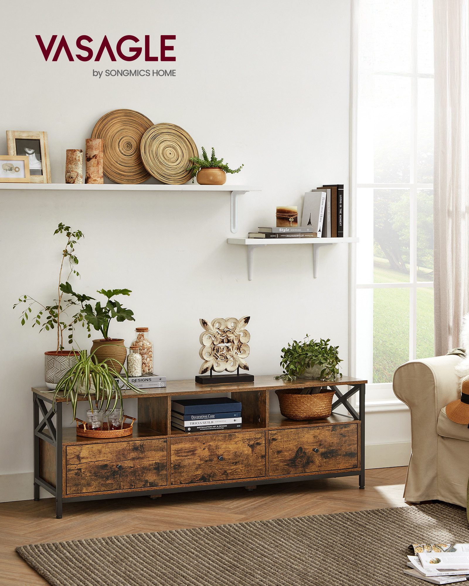 VASAGLE TV-Schrank Fernsehtisch mit 3 Stoffschubladen, reichlich Stauraum günstig online kaufen