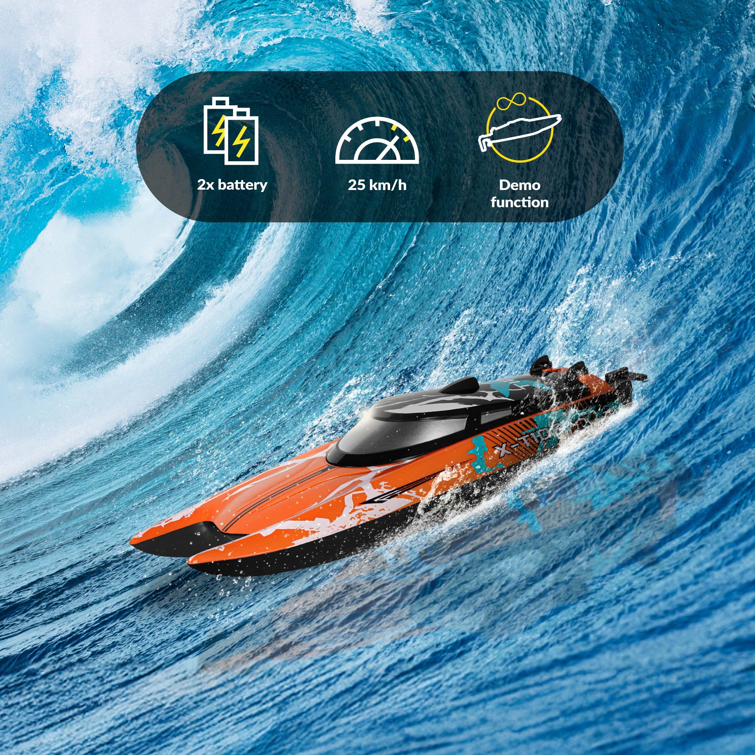 Overmax RC-Boot X-TIDE (Set, Komplettset), 1200mAh/25 kmH/2 Akkus/Auto-Flip/Wasserstart/Demo-Modus