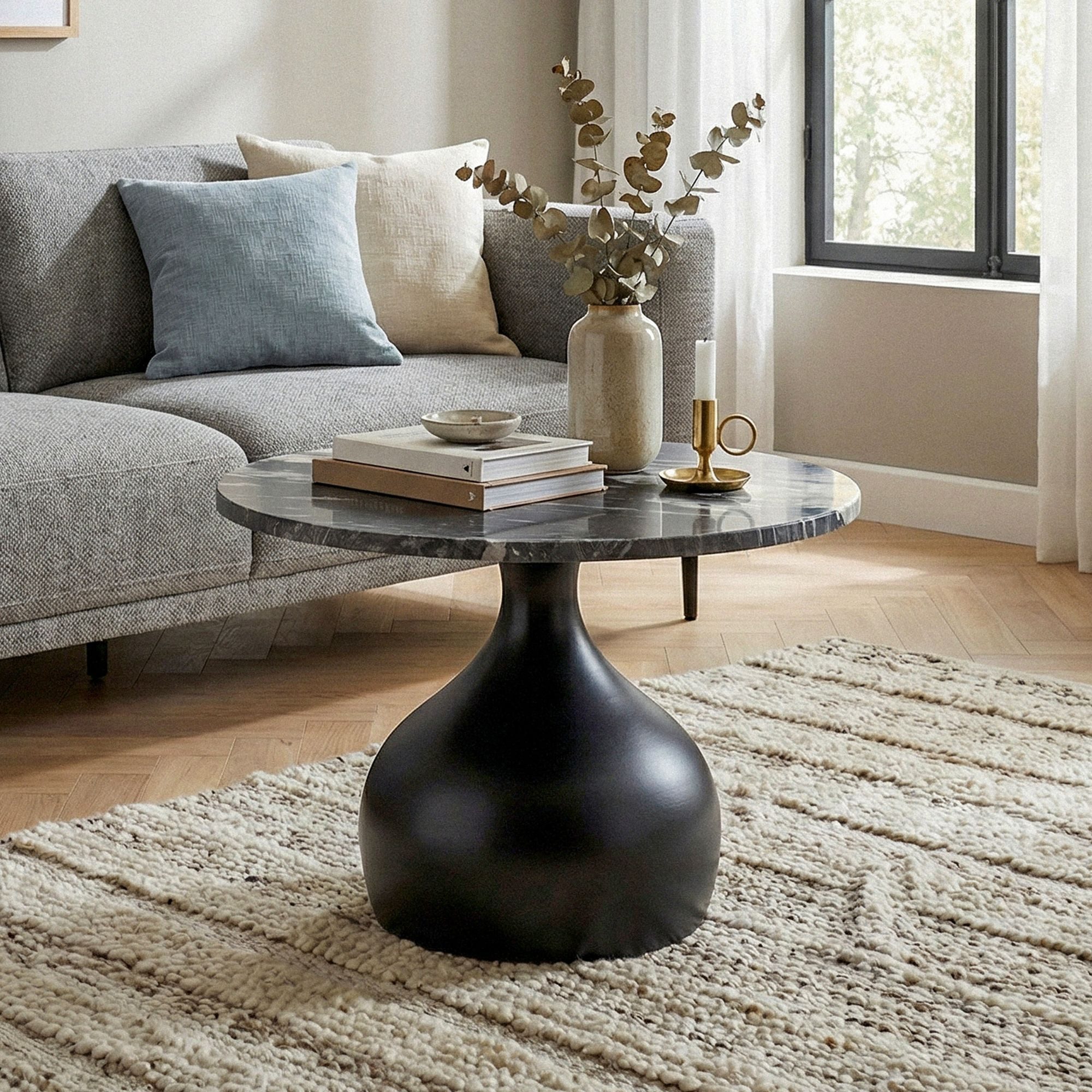 FINEBUY Couchtisch FB116315 Sofatisch Marmor Wohnzimmertisch 60cm rund Tisch Handmade (Edles Möbelstück mit massiver Gesteinsplatte), Bauchiges Metallgestell als Blickfang