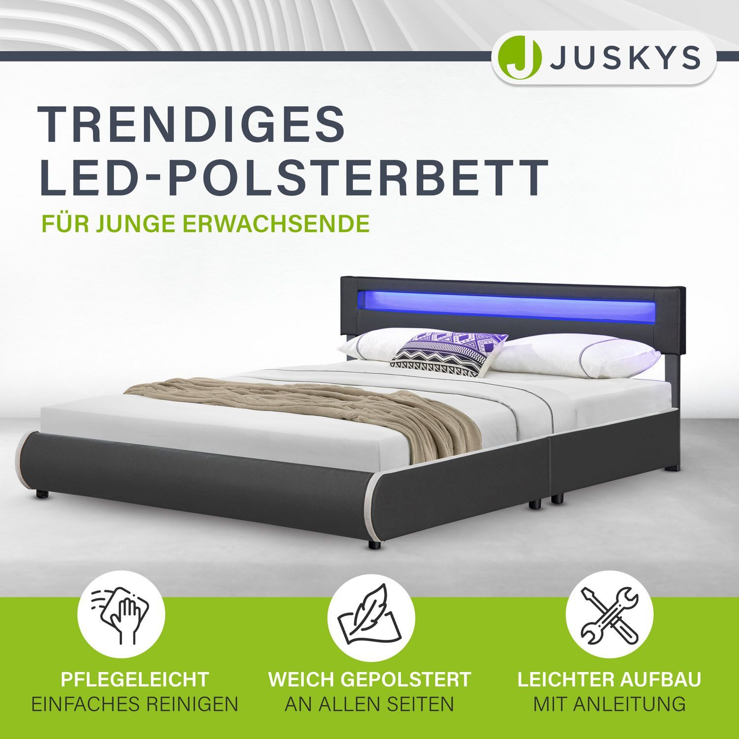 Juskys Polsterbett Sevilla, 180x200 cm, RGB-LED, Kunstleder, gepolstertes K günstig online kaufen