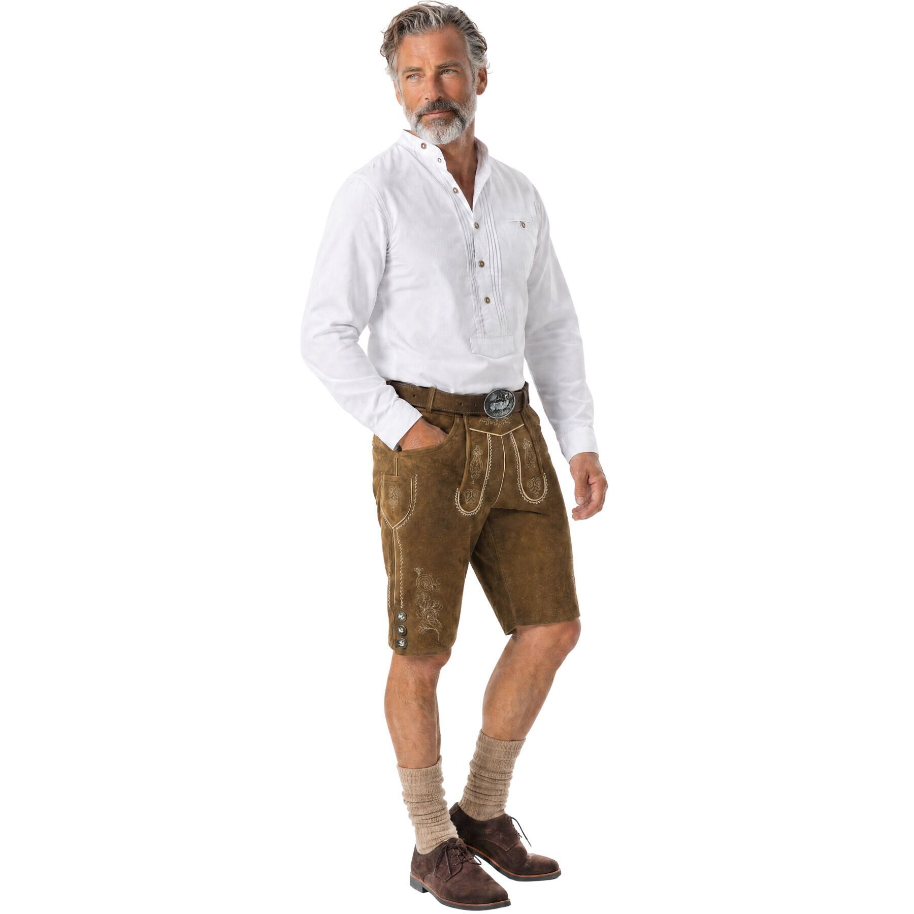 dressforfun Trachtenhose Klassische kurze Lederhose mit gesticktem Latz, robust (Herrenhose Jakob, für Volksfeste in Olivebraun) Inkl. Gürtel, Hosenträgern, Tra – Bild 5 von 5