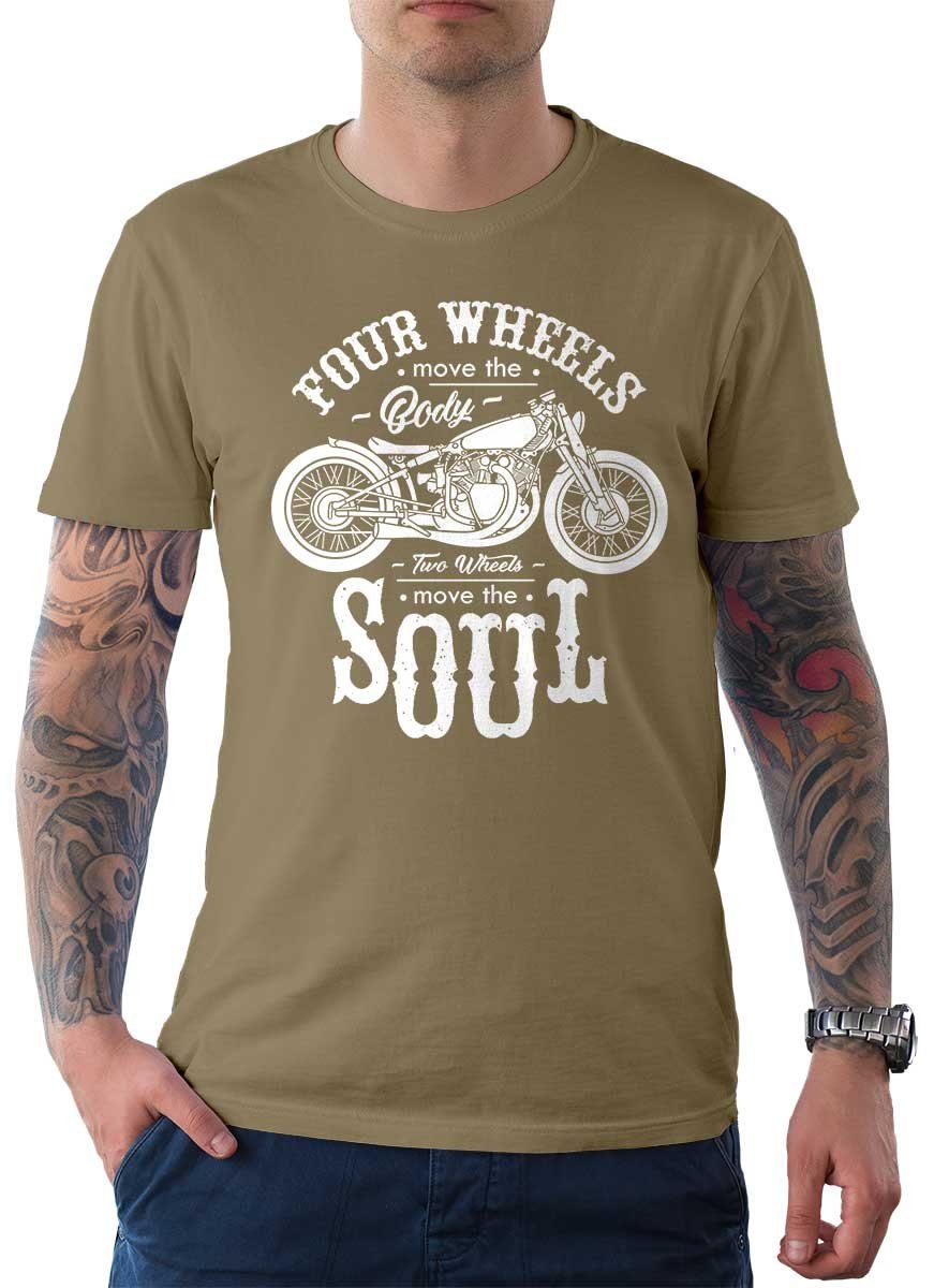 Rebel On Wheels T-Shirt Herren T-Shirt Tee Move The Soul mit Biker / Motorrad Motiv Khaki