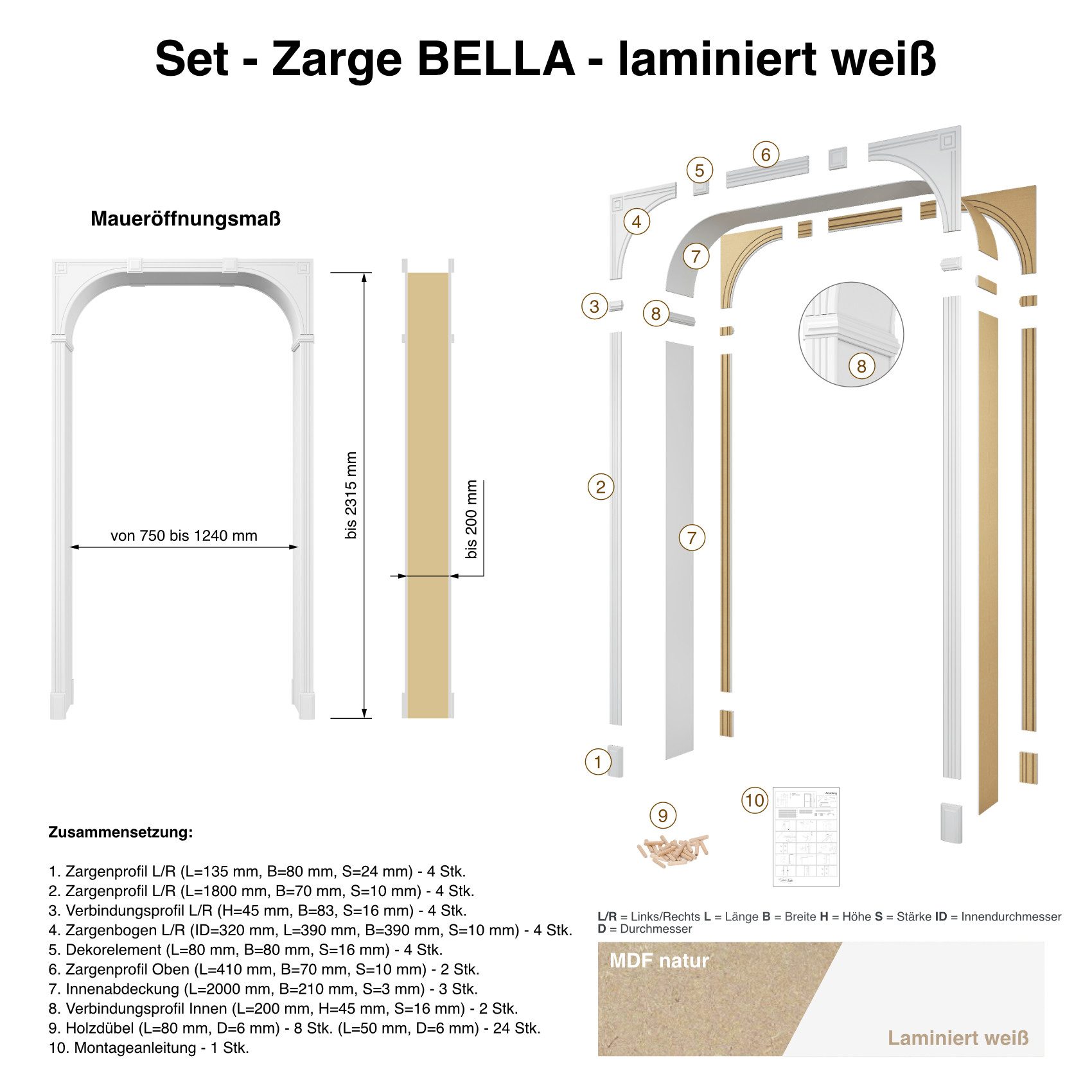Hexim Wanddekoobjekt Bella weiß laminiert (Zarge weiß Türrahmen – Durchgangszarge Selbstmontage Türzarge Durchgangsfutter laminiert (Bella) - Rundbogen Dufu, Türumrandung, Komplettset)