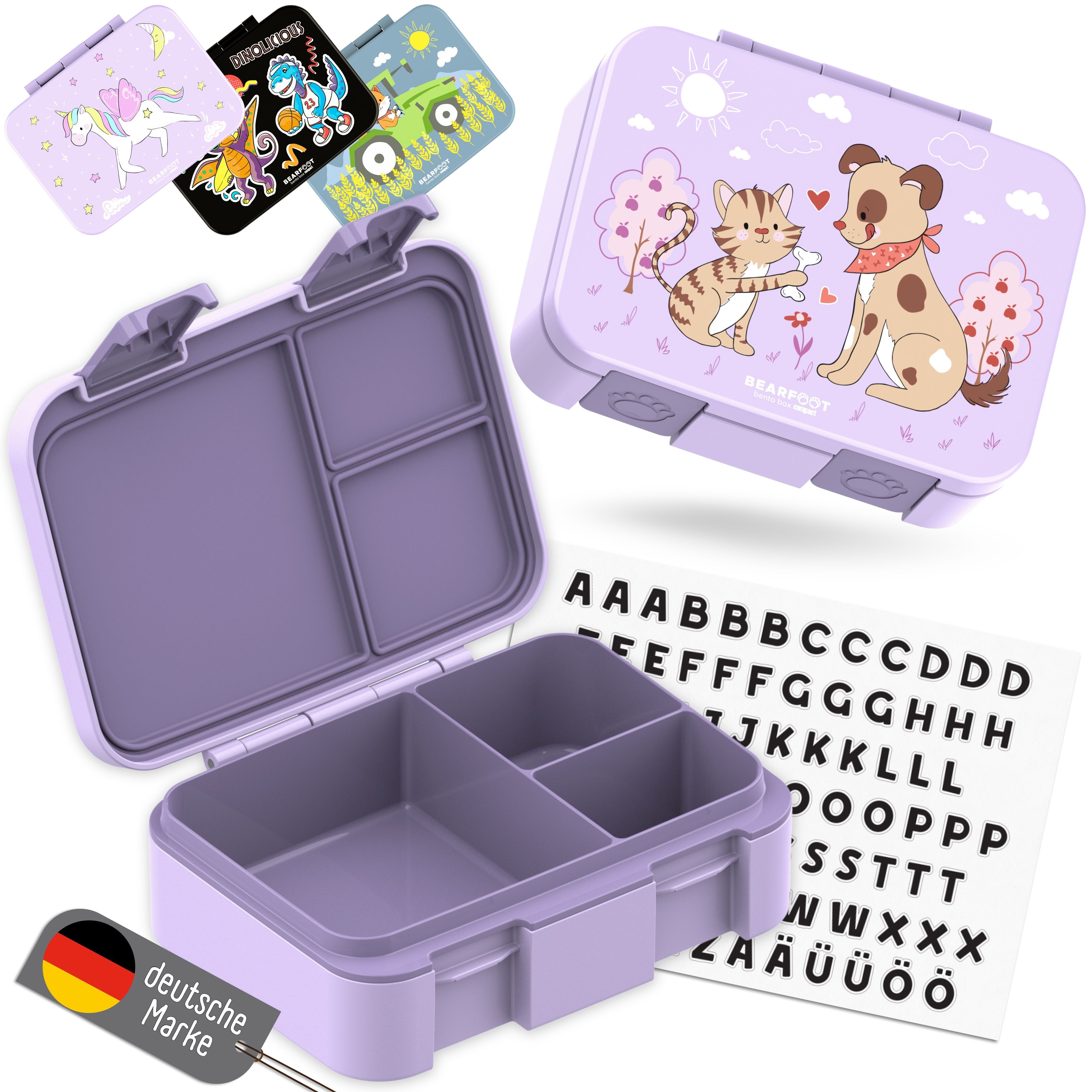 BEARFOOT Lunchbox Brotdose mit Fächern,auslaufsicher - Hund & Katze lila 650ml, PP, ABS, Silikon, Kindergarten und Schule - Mädchen und Jungen, Vesperbox, Snackbox