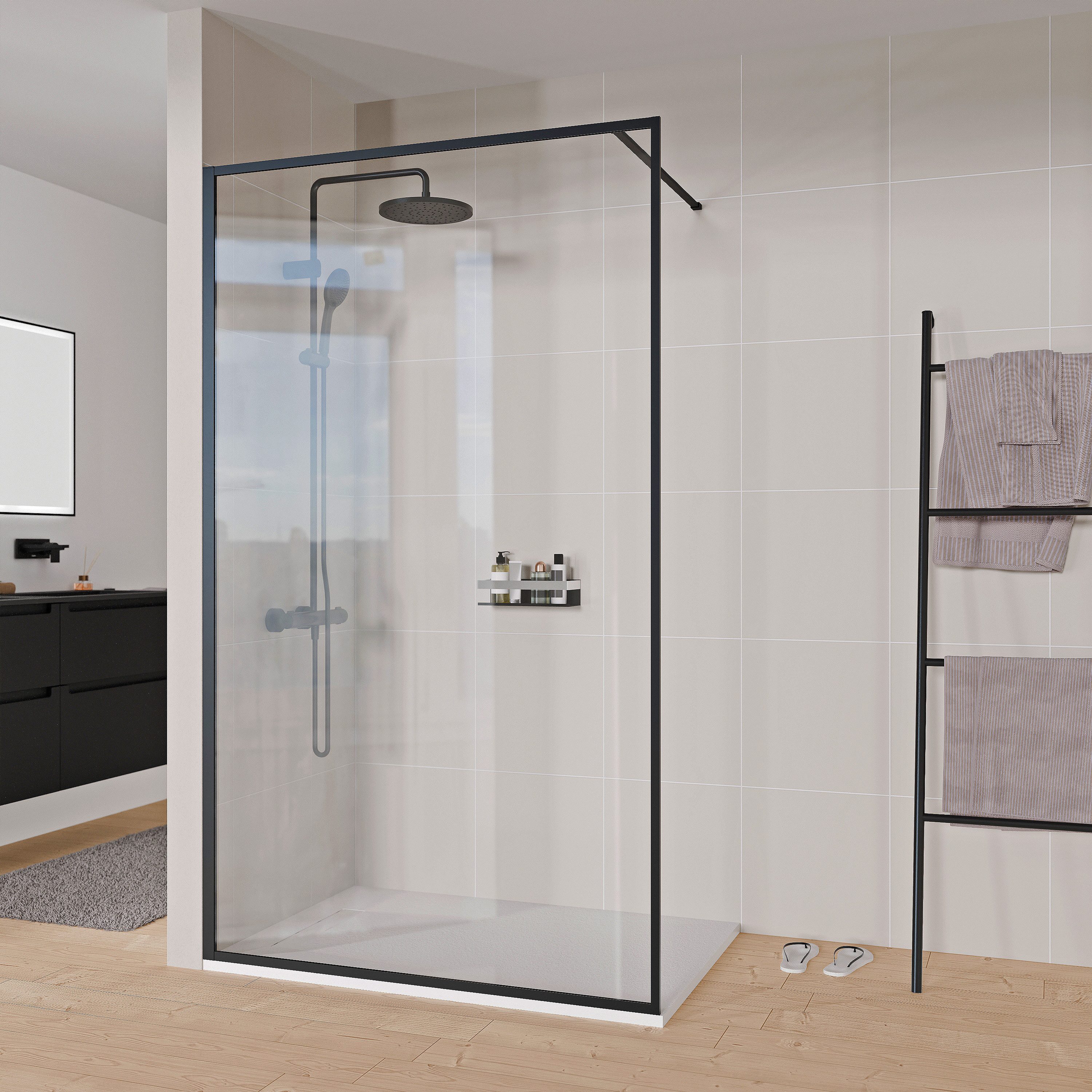 Bernstein Walk-in-Dusche FRAME 100x220 cm Klarglas Schwarz, ESG Sicherheitsglas, Breite: 100 cm x Höhe: 220 cm
