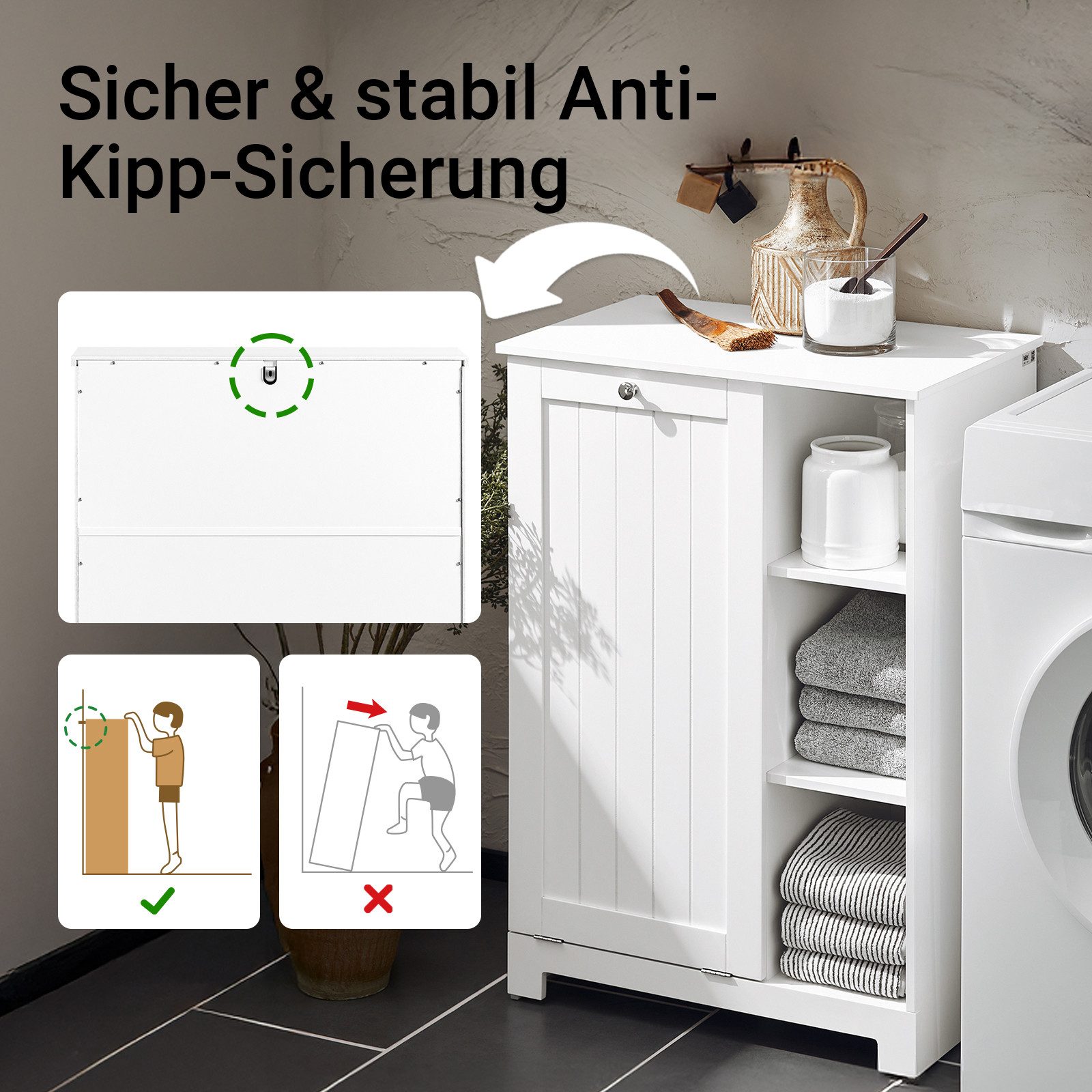 SoBuy Wäscheschrank Badezimmerschrank, Wäschekorb, Badmöbel, Badschrank mit 3 Regale Badschrank mit Wäschesack Wäschetruhe Wäschesammler Wäschekorb Weiß – Bild 4 von 5