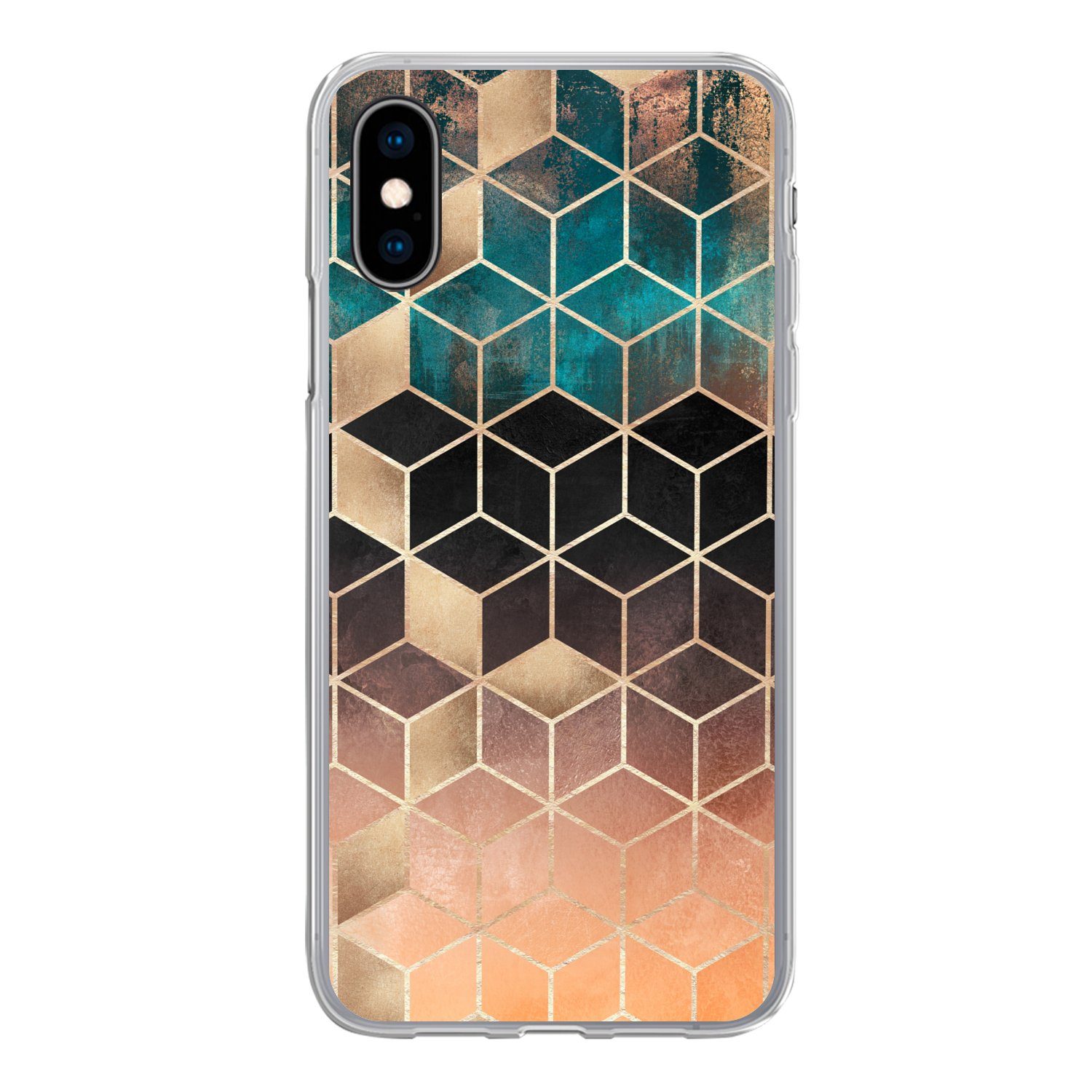 MuchoWow Handyhülle für Apple iPhone X Abstrakt - Würfel - Gold - Muster - Luxus, Smartphone-Bumper, Print, Handy Schutzhülle Dünn