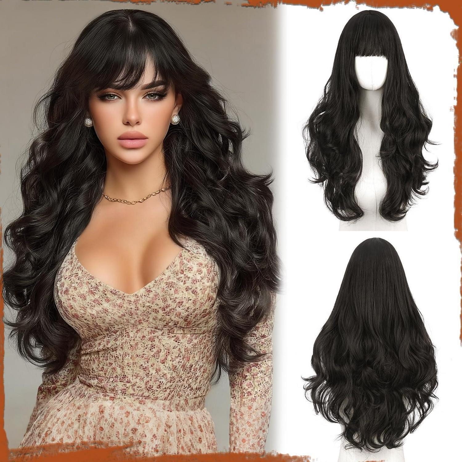 LuxusKollektion Kunsthaarperücke Perücke 60cm Pony Naturhaar Frauen Partys Cosplay Dunkelbraun