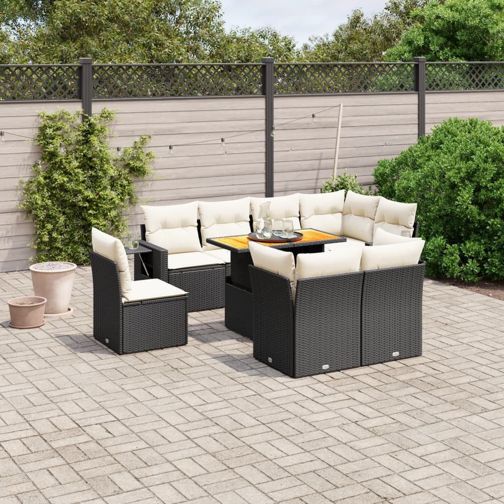 Garten-Essgruppe Garten-Sofagarnitur Schwarz PE-Rattan mit Echtholz Tisch 100x55x44/73