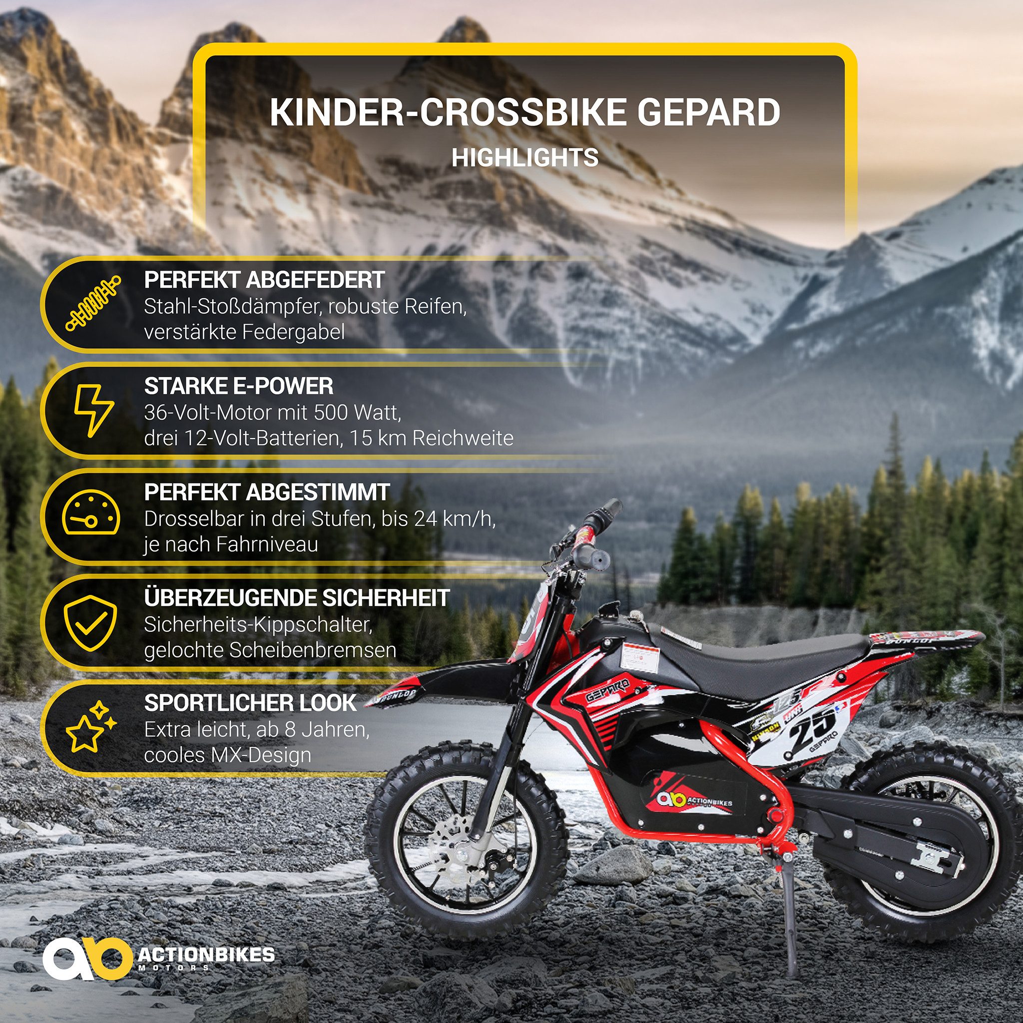 Actionbikes Motors Elektro-Kindermotorrad Mini Dirt Bike Gepard 500W Minicross elektro - 3 Stufen - 7 - 24 km/h, Belastbarkeit 60 kg, (1-tlg), Elektromotorrad für Kinder