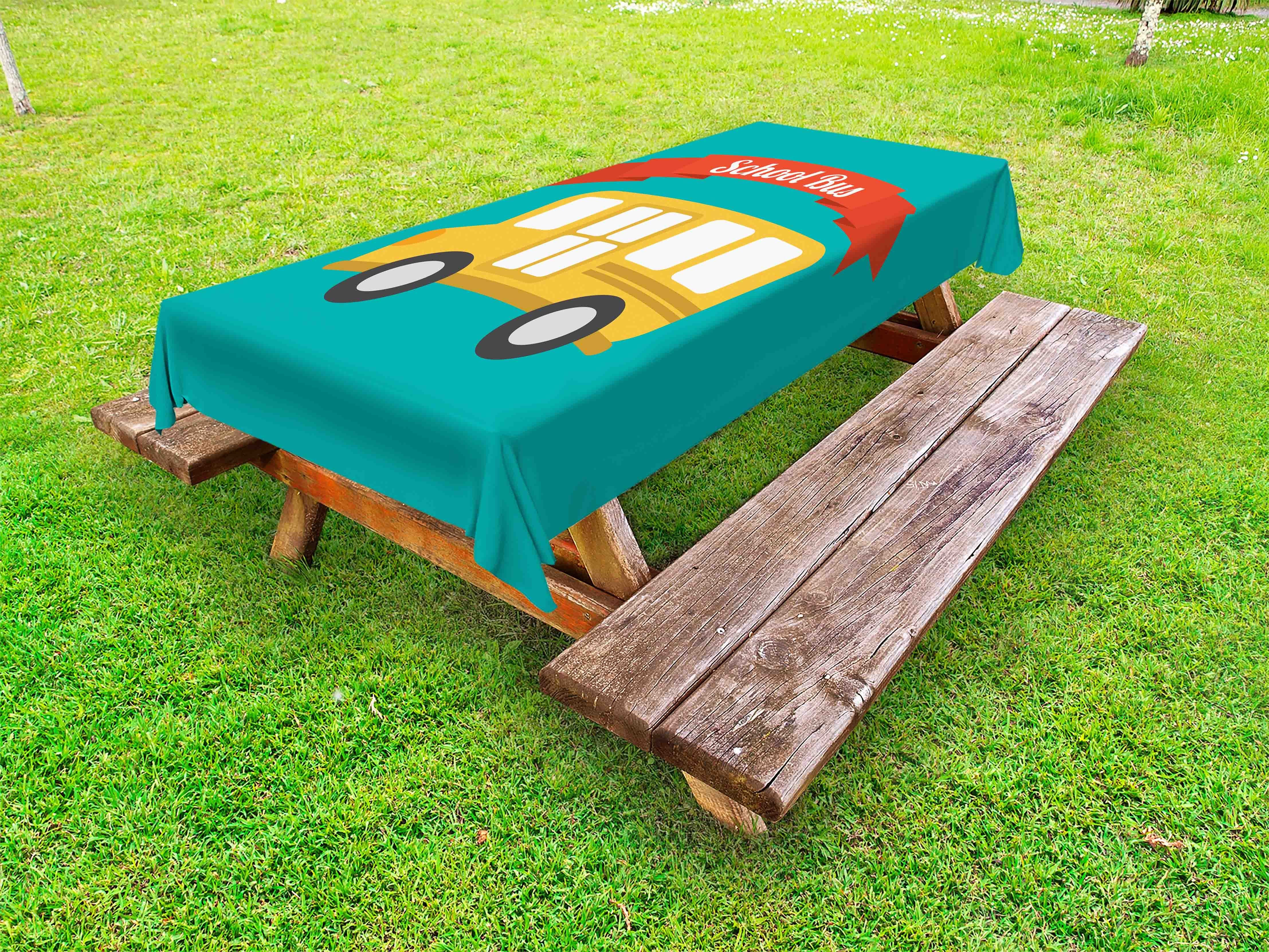 Doodle Picknick-Tischdecke, waschbare Zitiert Schulbus Tischdecke Einfache dekorative Abakuhaus
