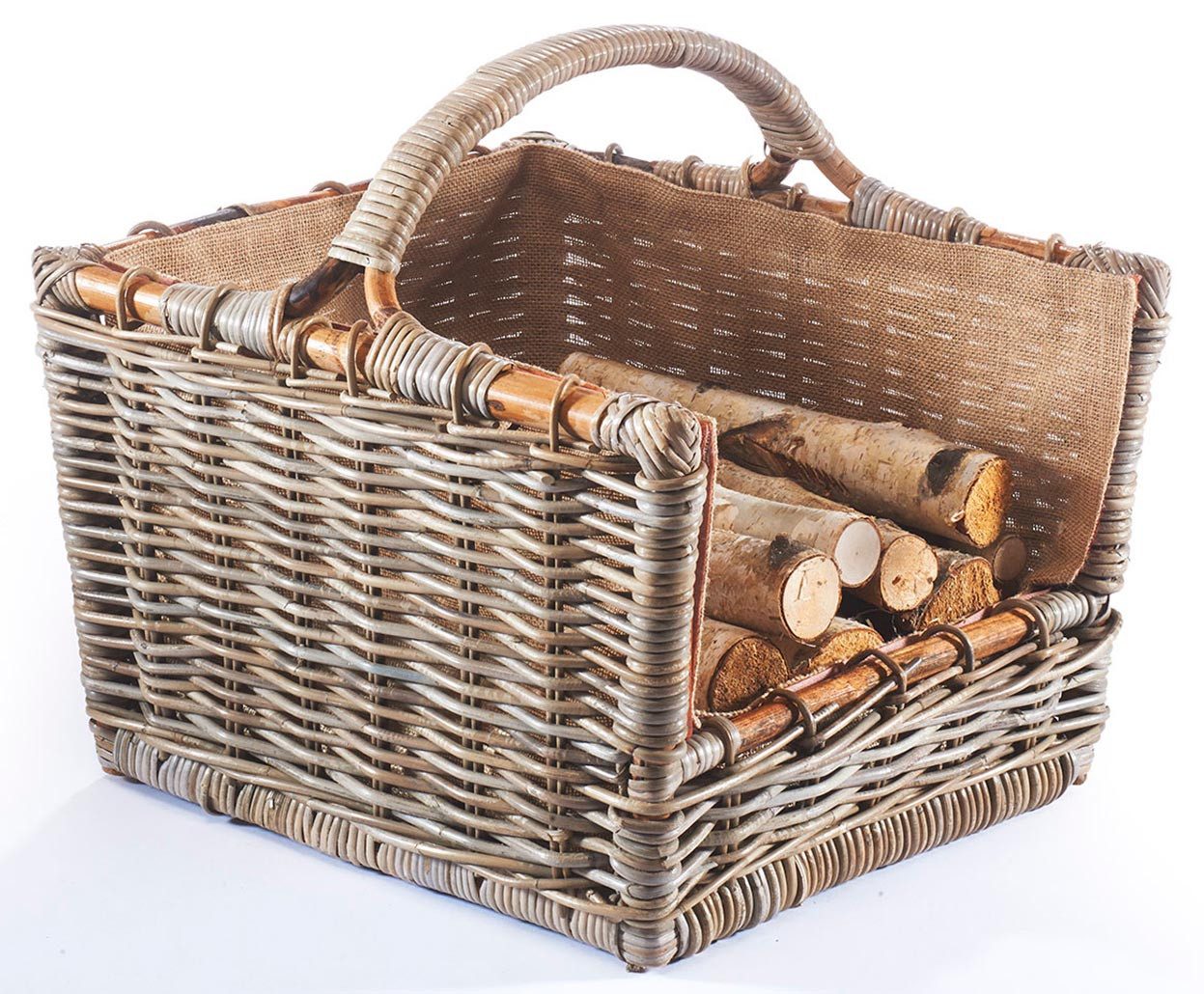 Kobolo Kaminholzkorb Holztrage Rattan grau mit abnehmbarem Leinenstoff
