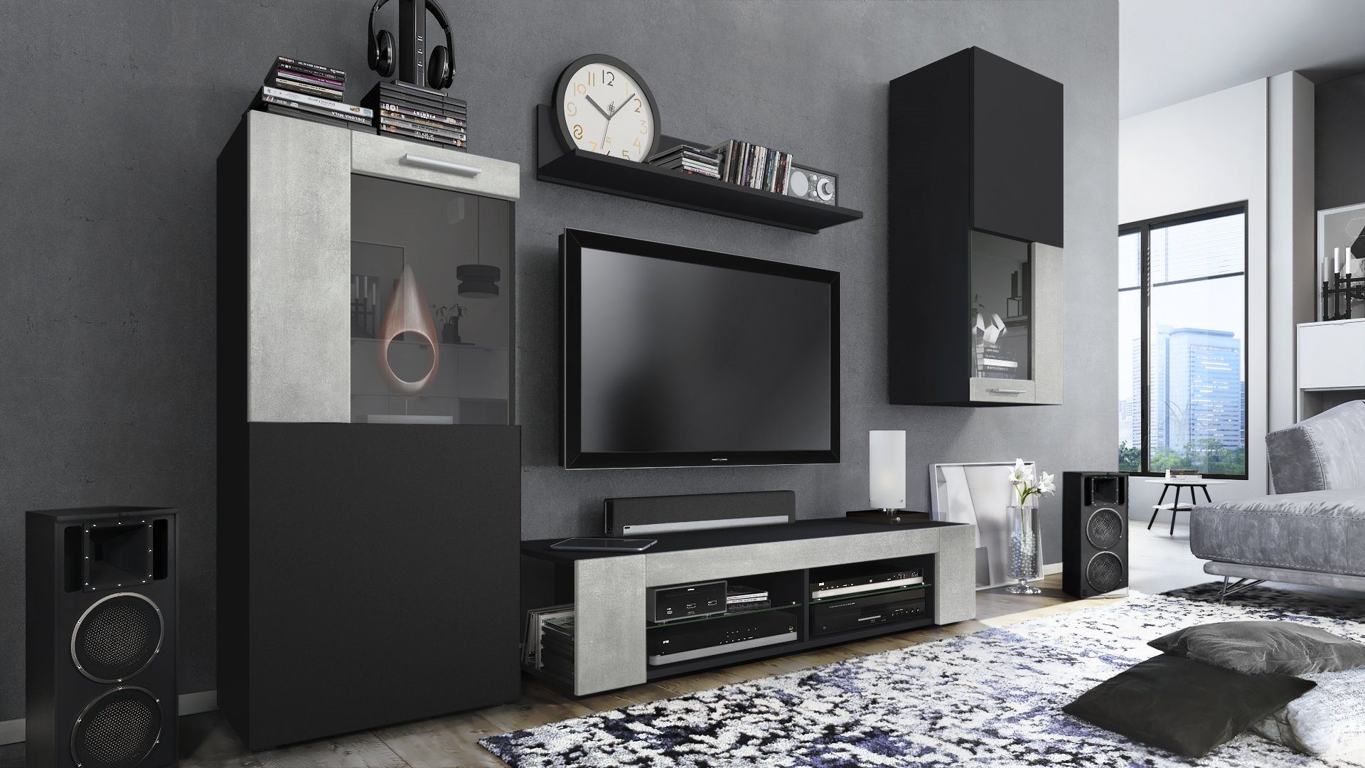 Vladon Wohnwand Movie, (Anbauwand, 5-St., 300 Schwarz Regal), Beton 1 und in Vitrinen matt/Beton x 190 Optik matt/Schwarz 1 bestehend aus 2 Oxid Absetzungen TV-Board, cm) 39 (Gesamt: Oxid-Optik x